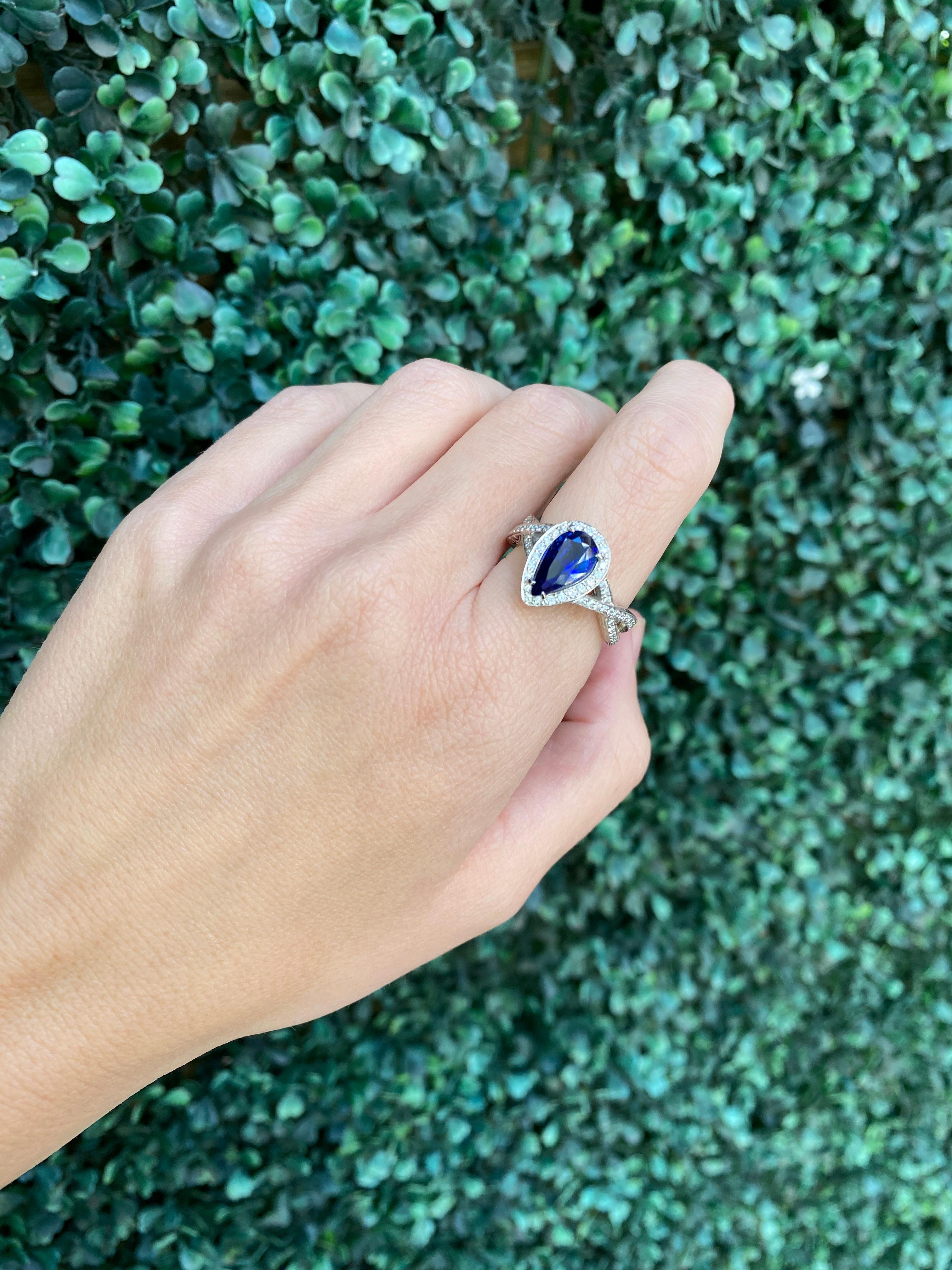 2.54 Carat Pear Shaped Natural Blue Sapphire & Diamond Ring For Sale 14