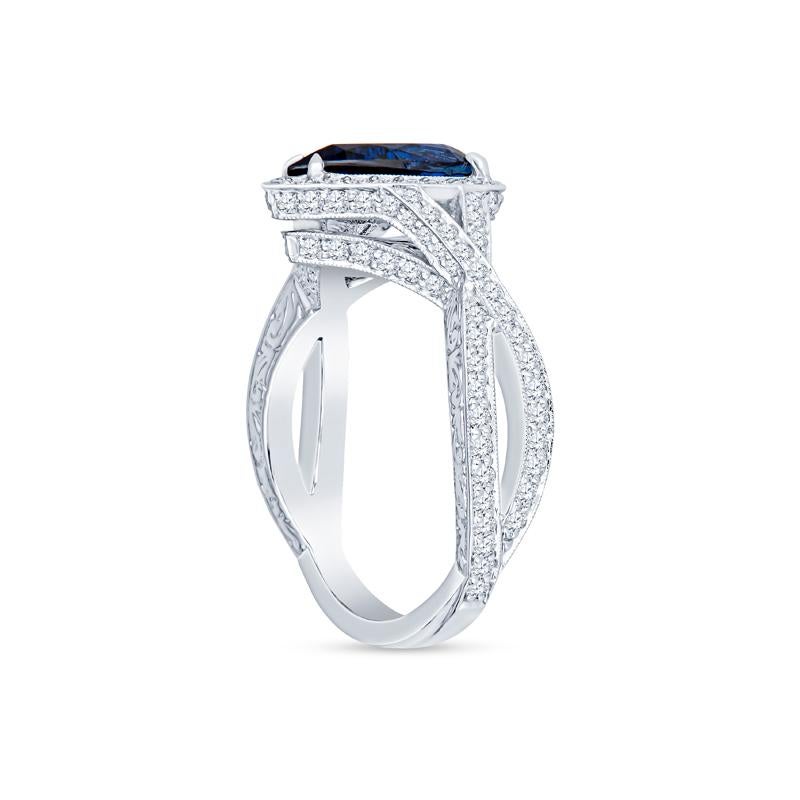 Pear Cut 2.54 Carat Pear Shaped Natural Blue Sapphire & Diamond Ring For Sale