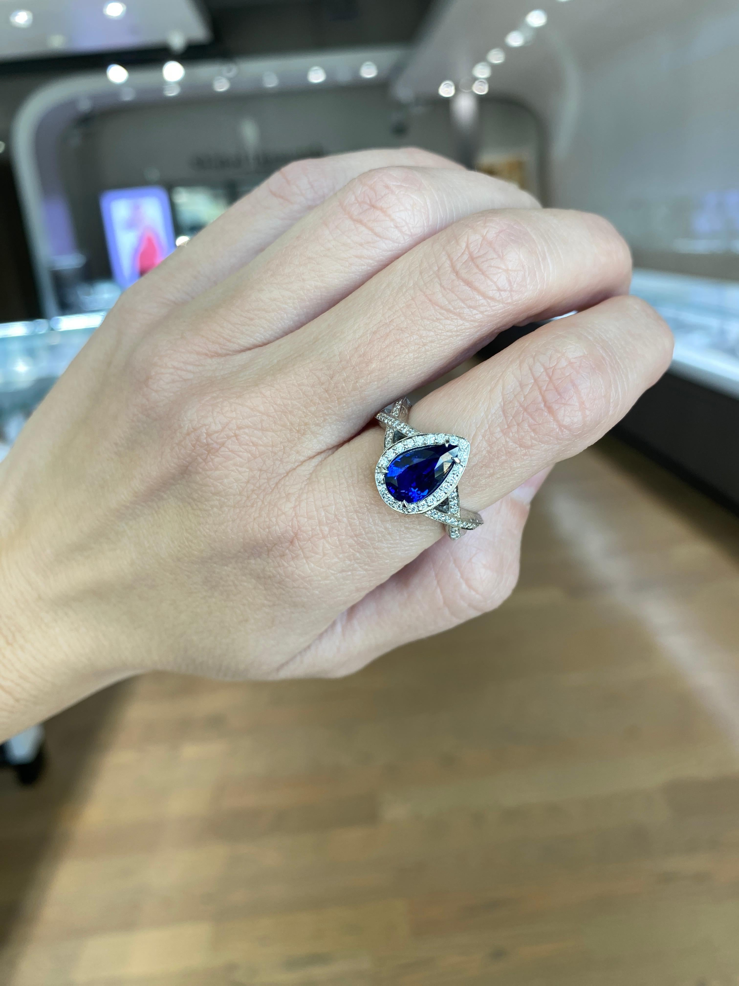 2.54 Carat Pear Shaped Natural Blue Sapphire & Diamond Ring For Sale 2