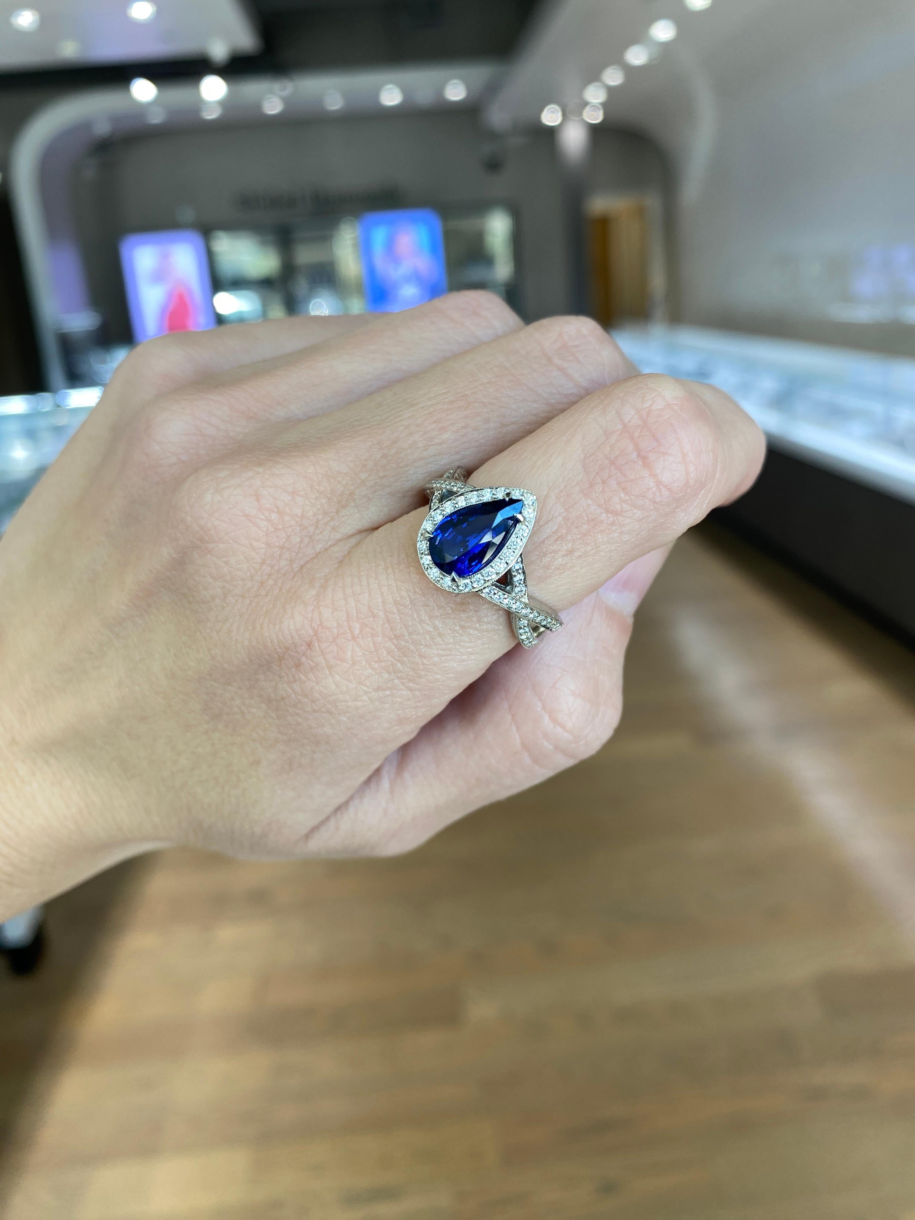2.54 Carat Pear Shaped Natural Blue Sapphire & Diamond Ring For Sale 3