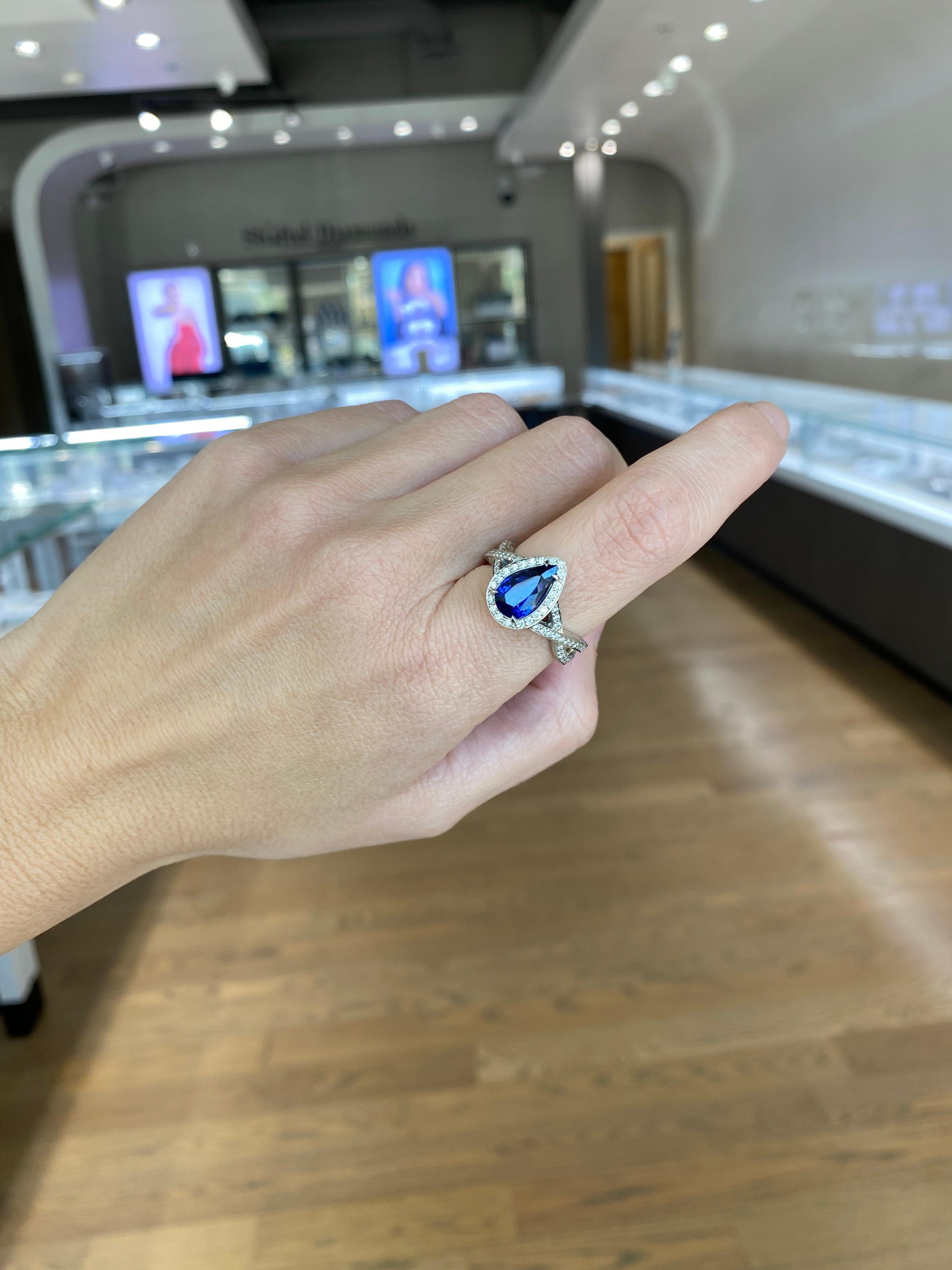 2.54 Carat Pear Shaped Natural Blue Sapphire & Diamond Ring For Sale 4
