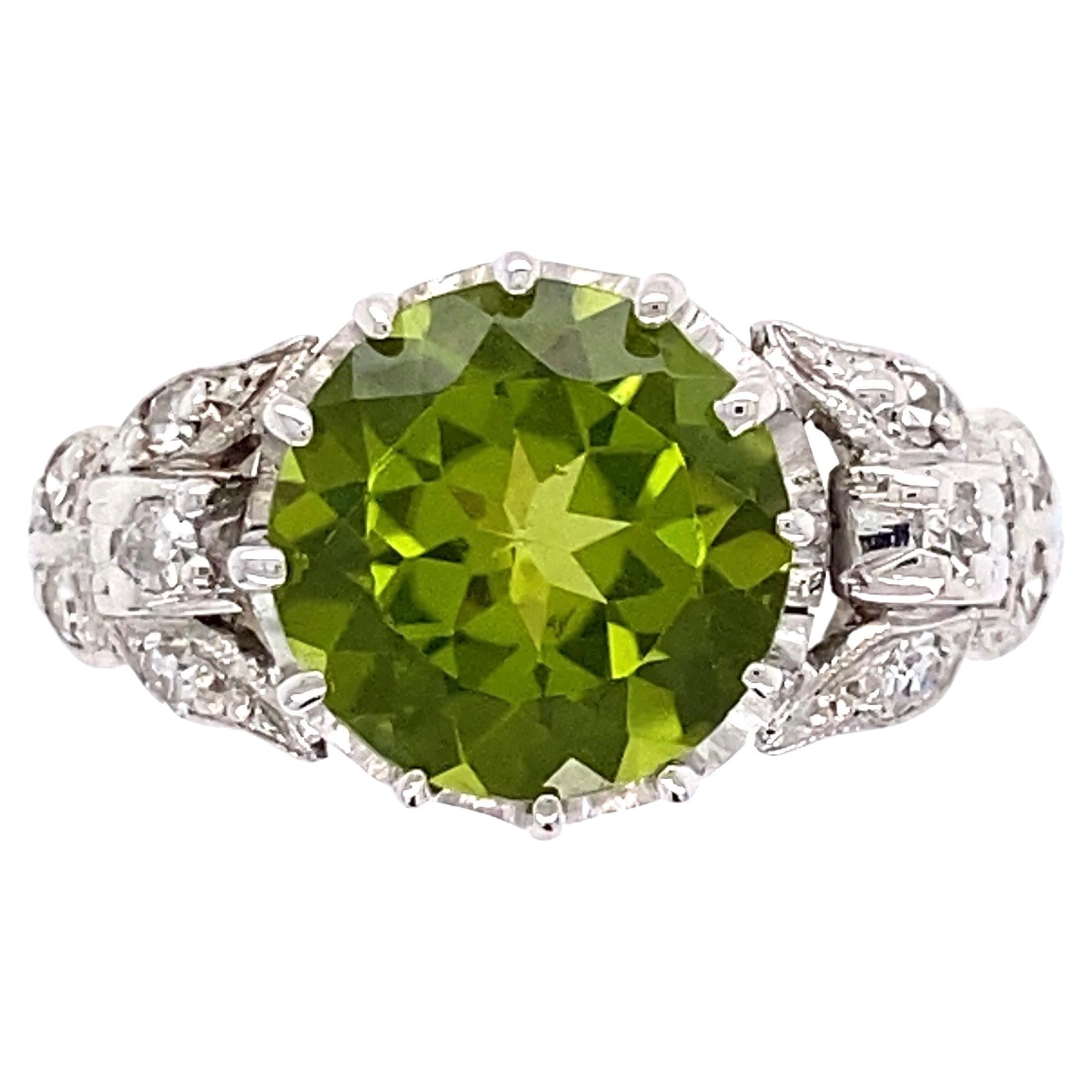 2.54 Carat Peridot and Diamond Art Deco Revival Solitaire Platinum Ring For Sale
