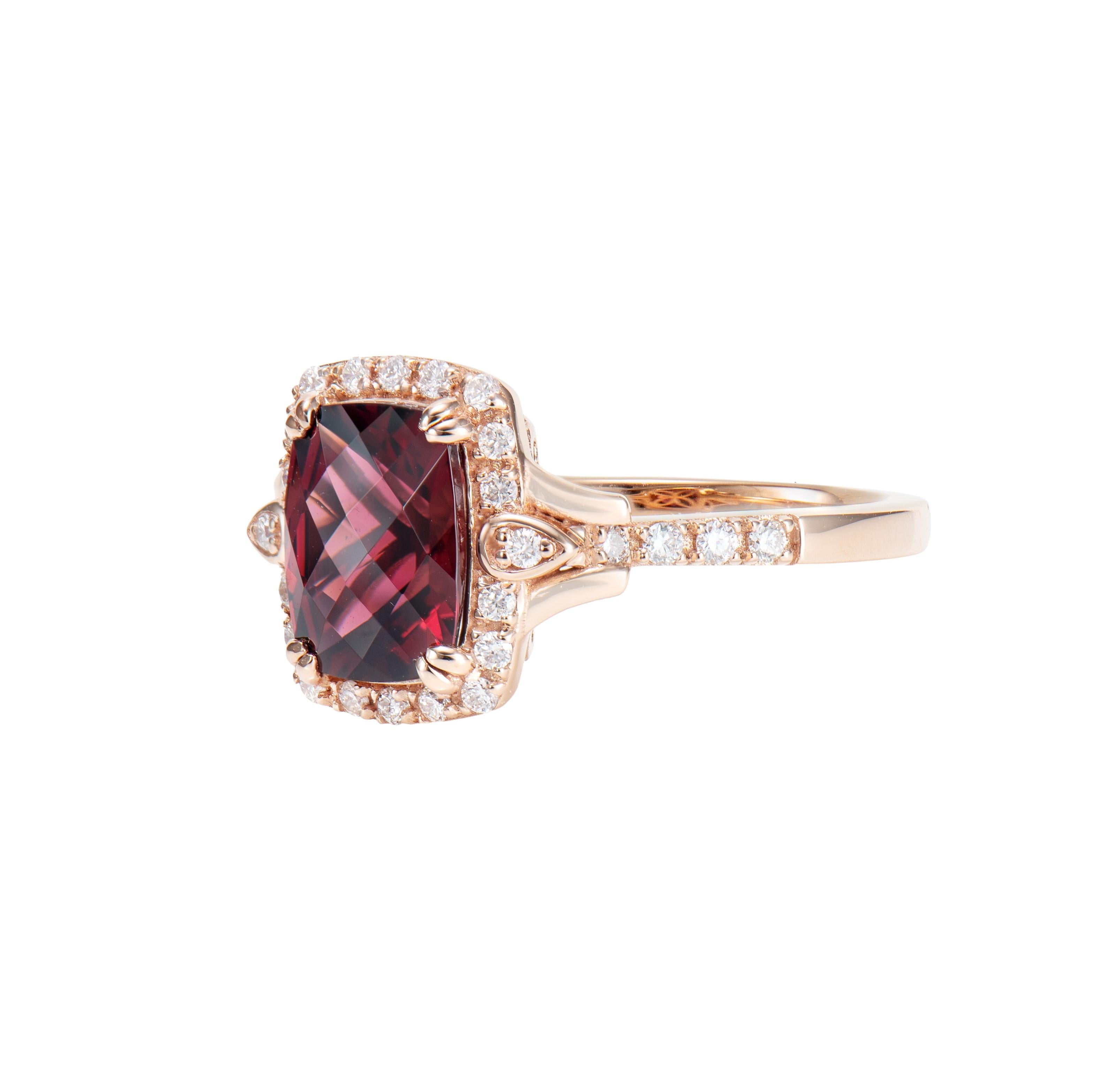Cushion Cut 2.54 Carat Rhodolite Cocktail Ring in 18 Karat Rose Gold with Diamond. For Sale