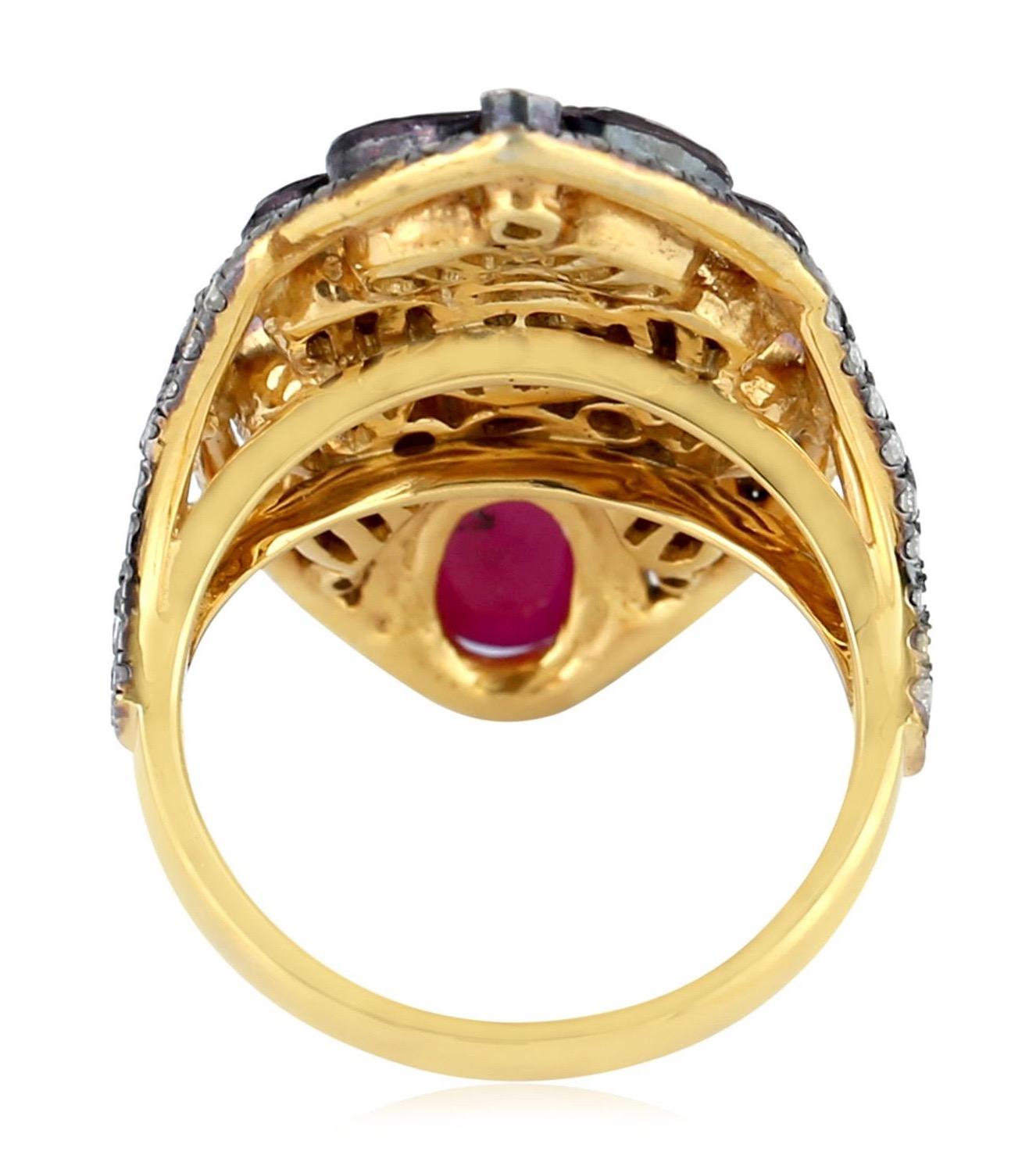 Contemporary 2.54 Carat Rose Cut Diamond Ruby Cocktail Ring For Sale