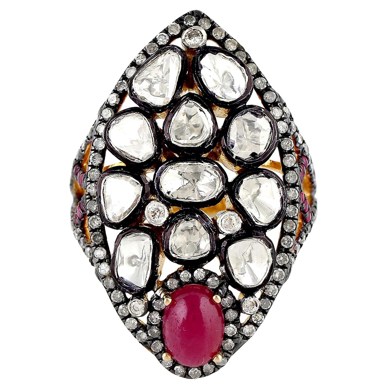 2.54 Carat Rose Cut Diamond Ruby Cocktail Ring For Sale