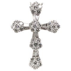 2.54 Carat Round Cluster with Baguettes Cross Pendant