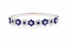 2.54 Carat Sapphire and Diamond Flower Bangle Bracelet 18K White Gold