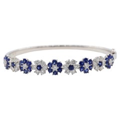 2.54 Carat Sapphire and Diamond Flower Bangle Bracelet 18K White Gold