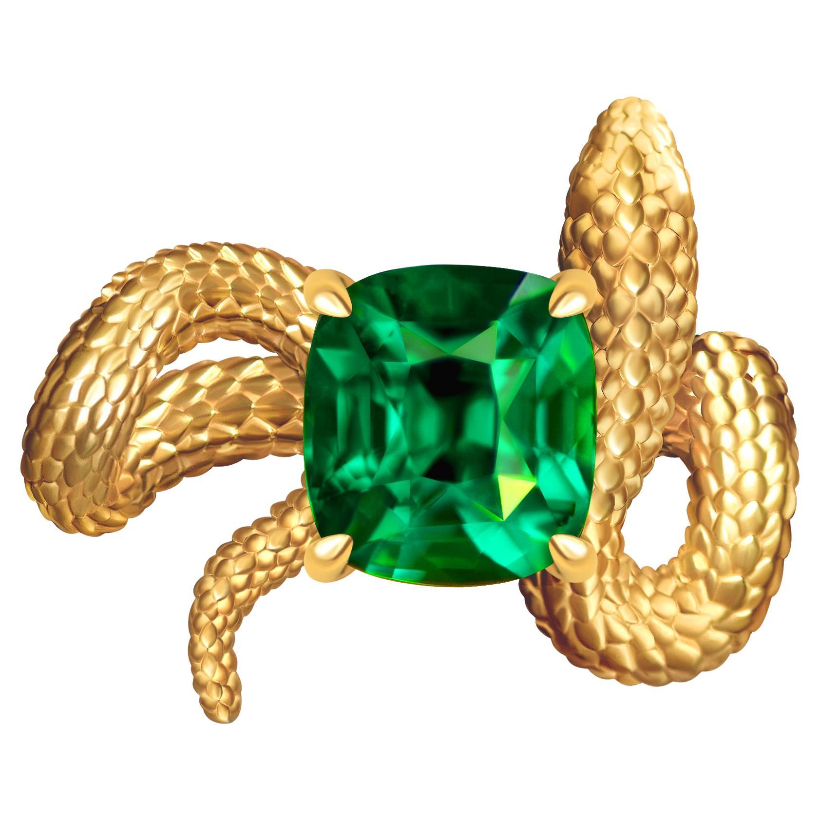 2.54 Carat Vivid Green Tsavorite 18 Karat Yellow Gold Serpent Ring by D&A For Sale