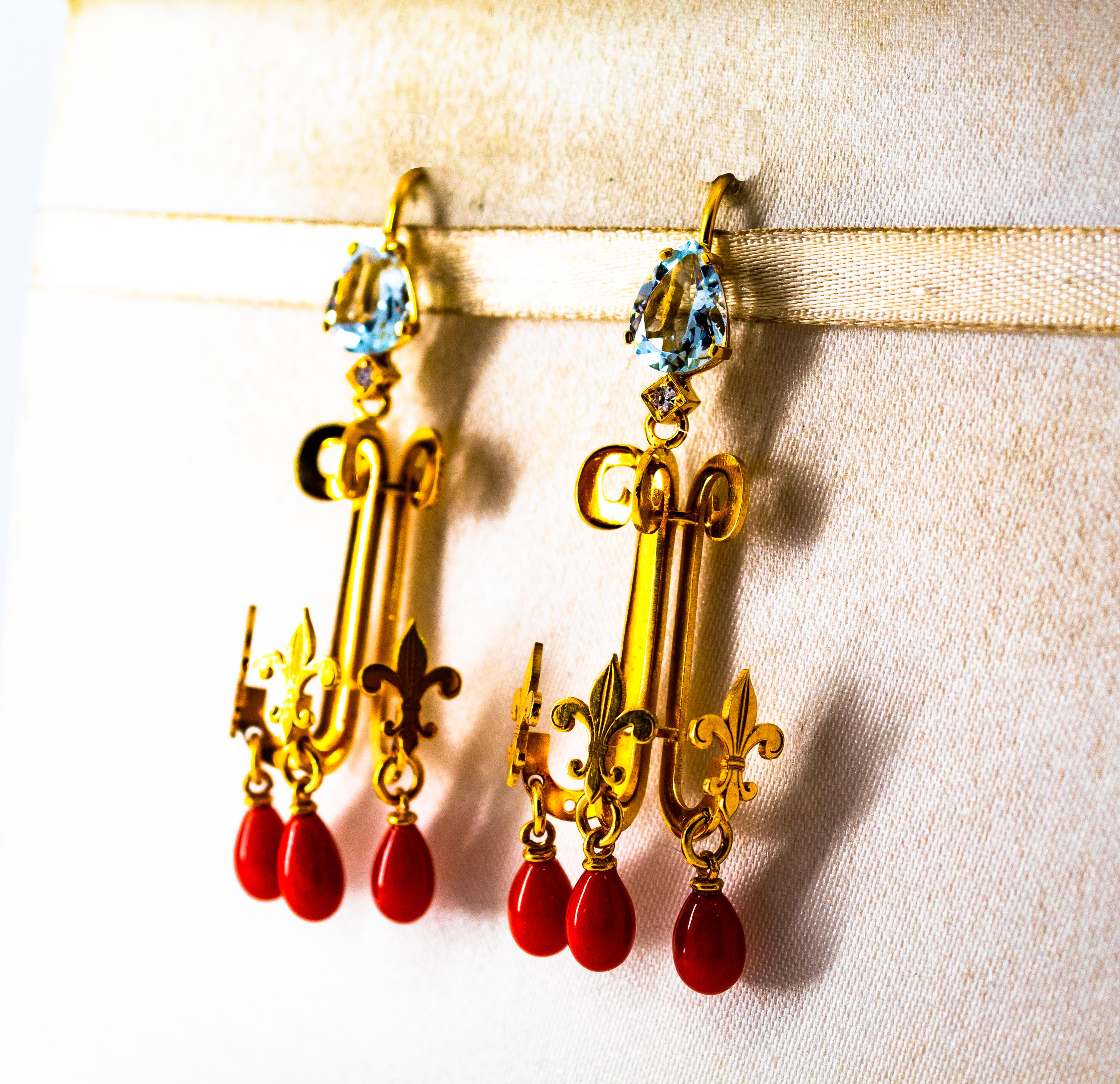 Women's or Men's 2.54 Carat White Diamond Aquamarine Red Coral Yellow Gold Chandelier Earrings