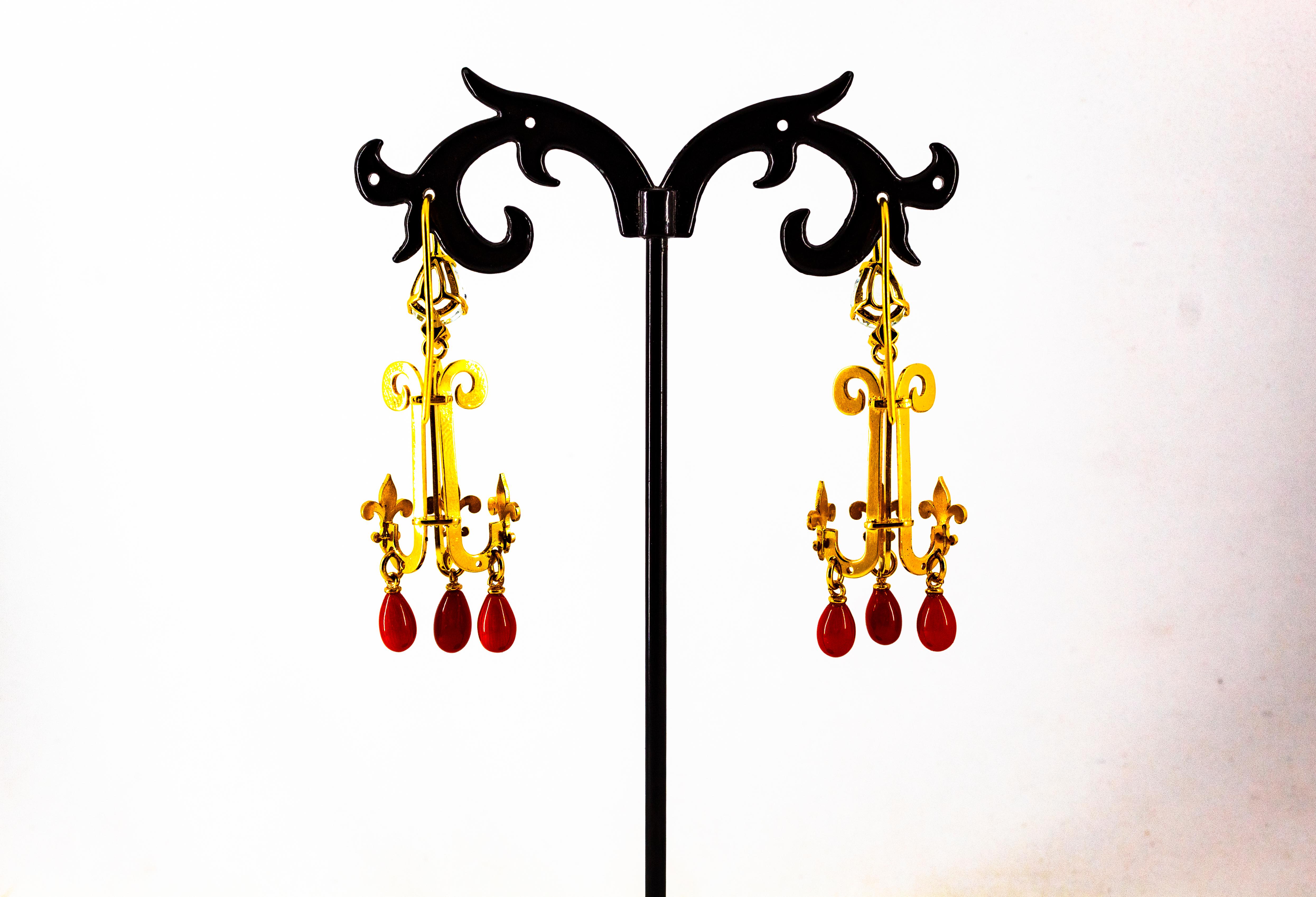 2.54 Carat White Diamond Aquamarine Red Coral Yellow Gold Chandelier Earrings 3