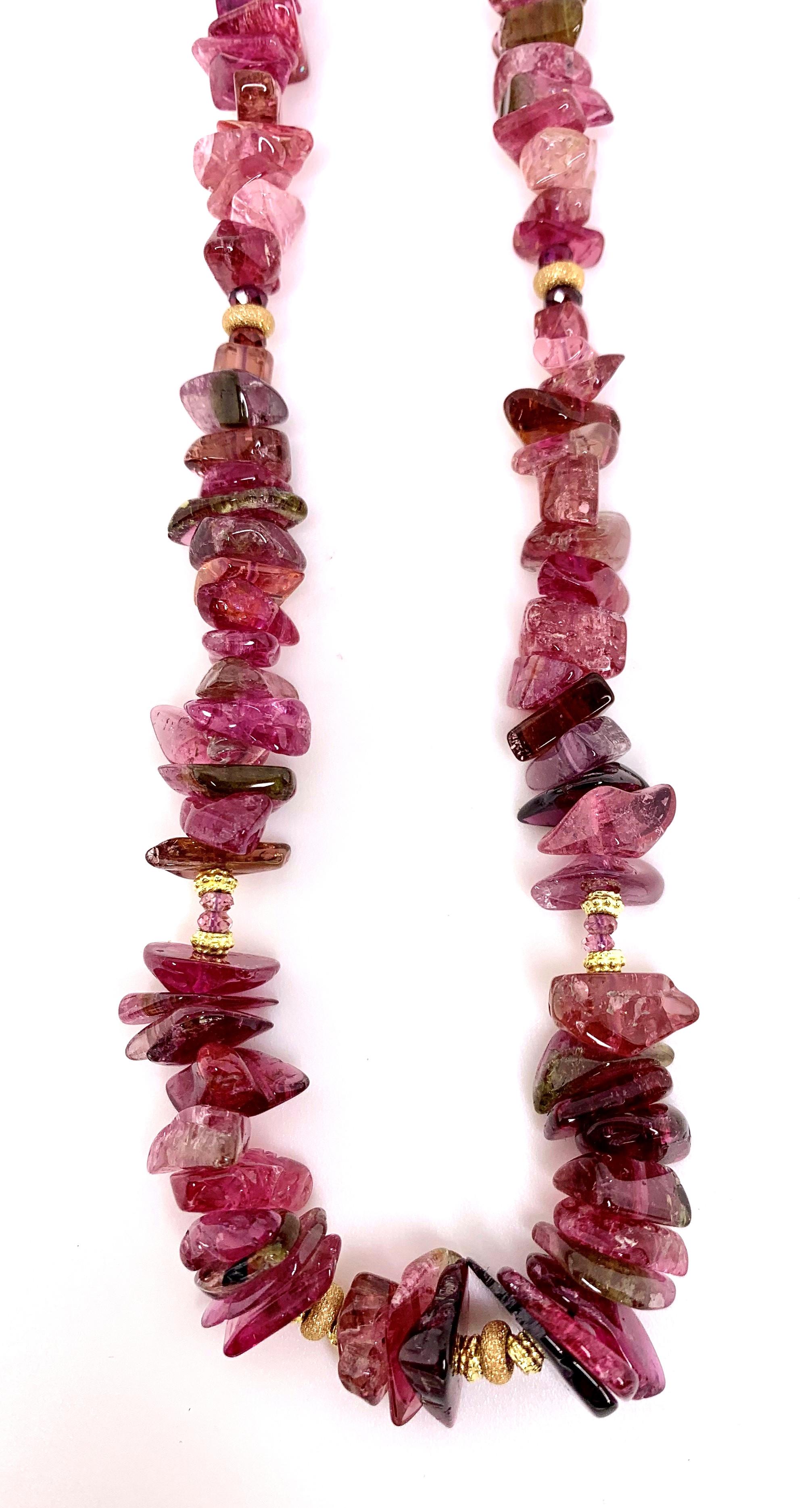 Artisan Red Tourmaline Beaded Necklace with Yellow Gold Accents, 254 Carats Total  