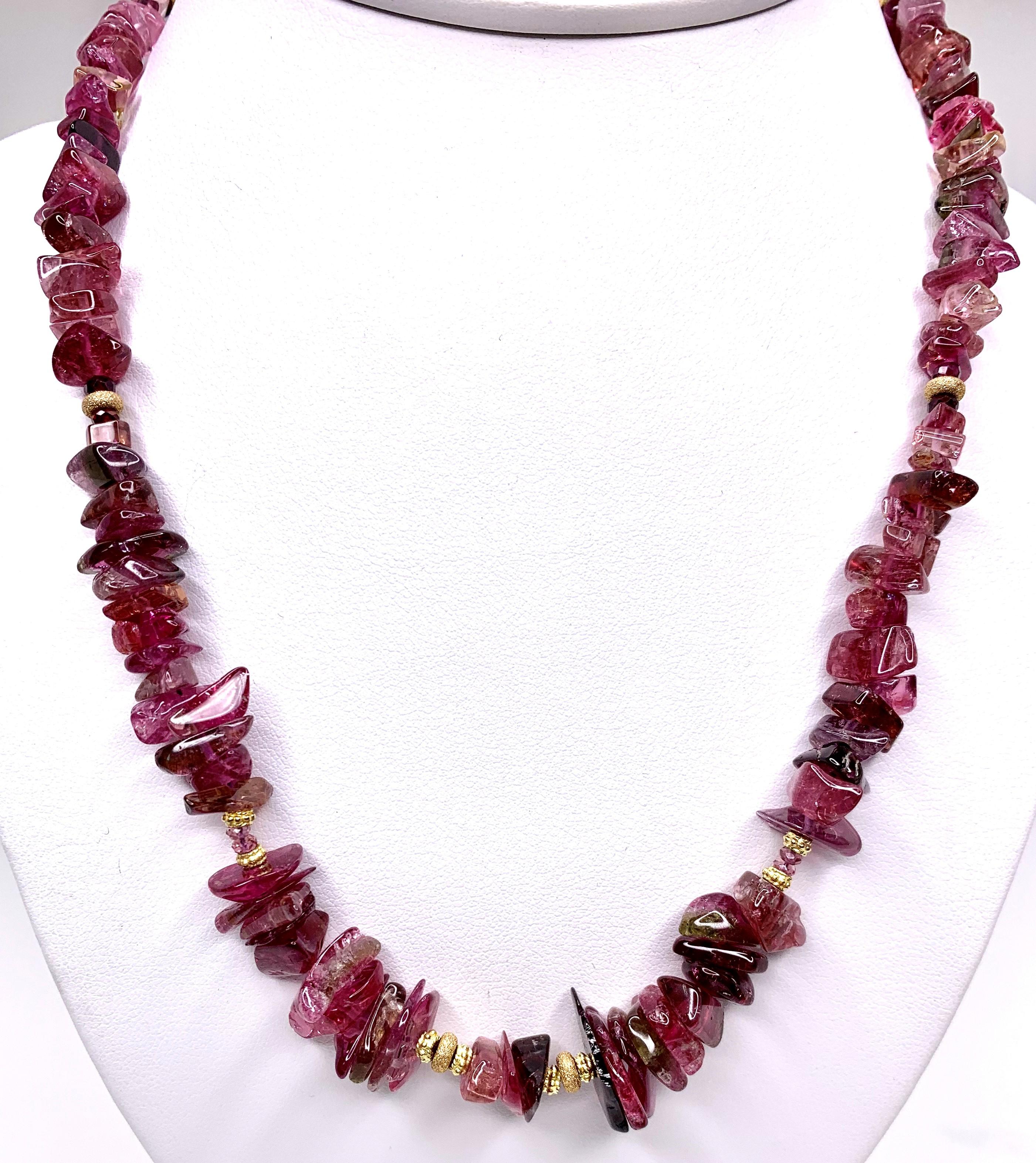 Women's Red Tourmaline Beaded Necklace with Yellow Gold Accents, 254 Carats Total  