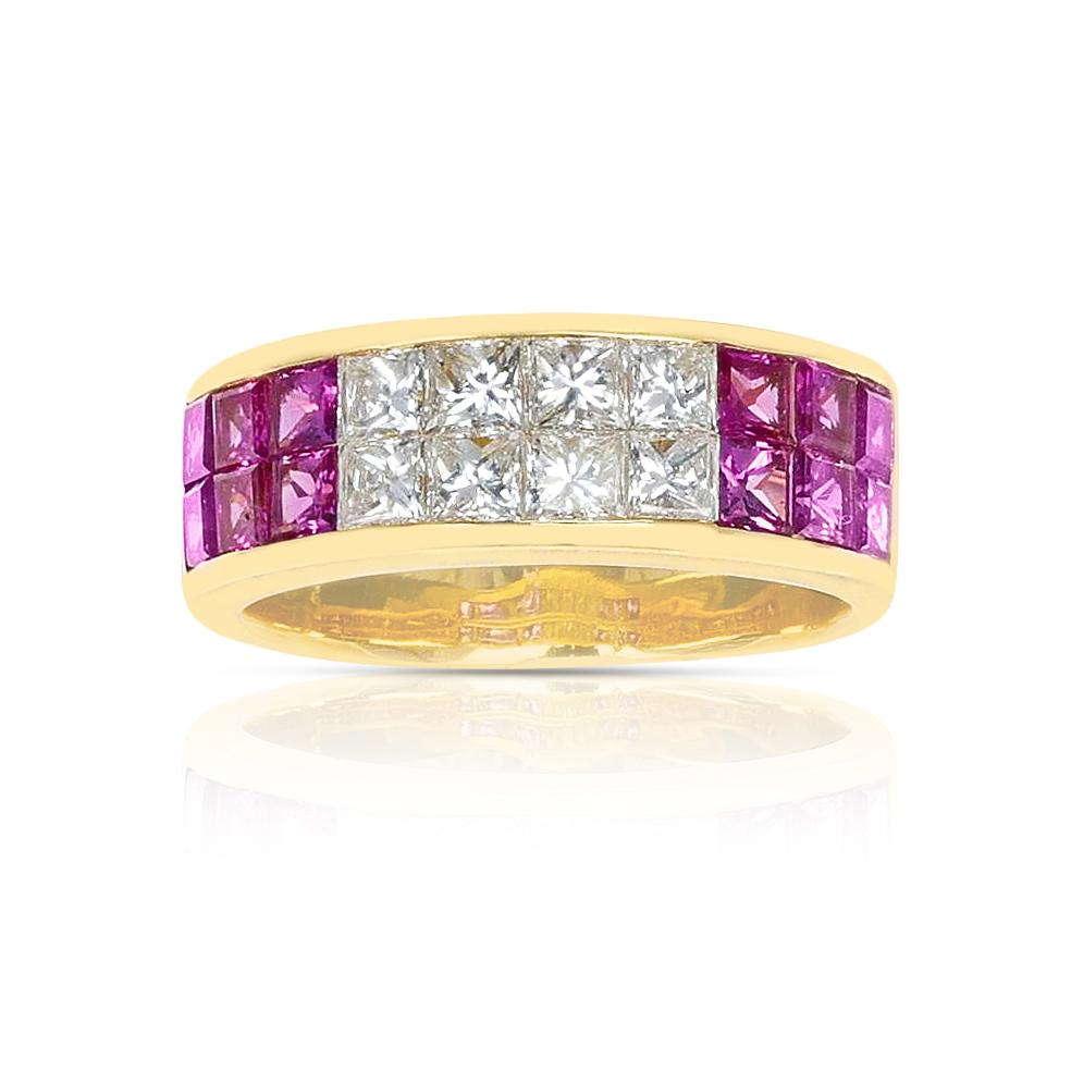 A Pink Sapphire and Diamond Ring made in 18K Yellow Gold Ring. The total weight of the pink sapphires is 2.54 carats and the total weight of the diamonds is 0.90 carats. The total weight of the ring is 6.24 grams. Ring Size US 6. 