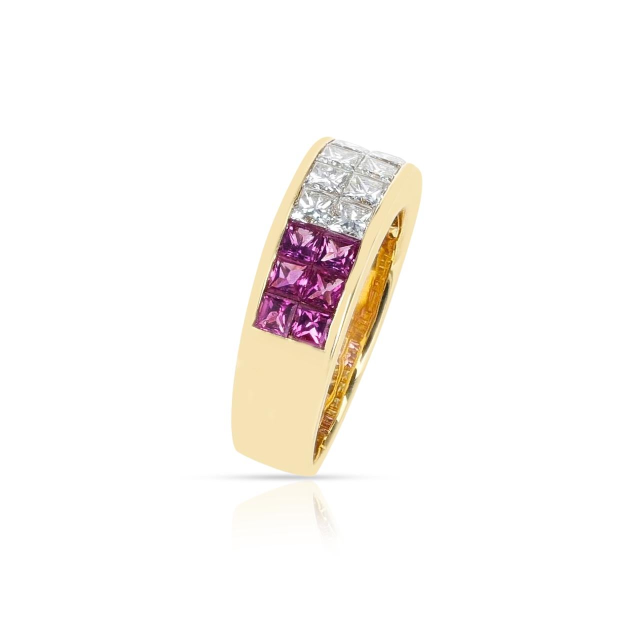 Square Cut 2.54 Ct. Pink Sapphire and 0.90 Ct. Diamond Channel Set Ring, 18K For Sale