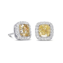 2.54 cts Boucles d'oreilles Halo en coussin jaune clair certifié GIA
