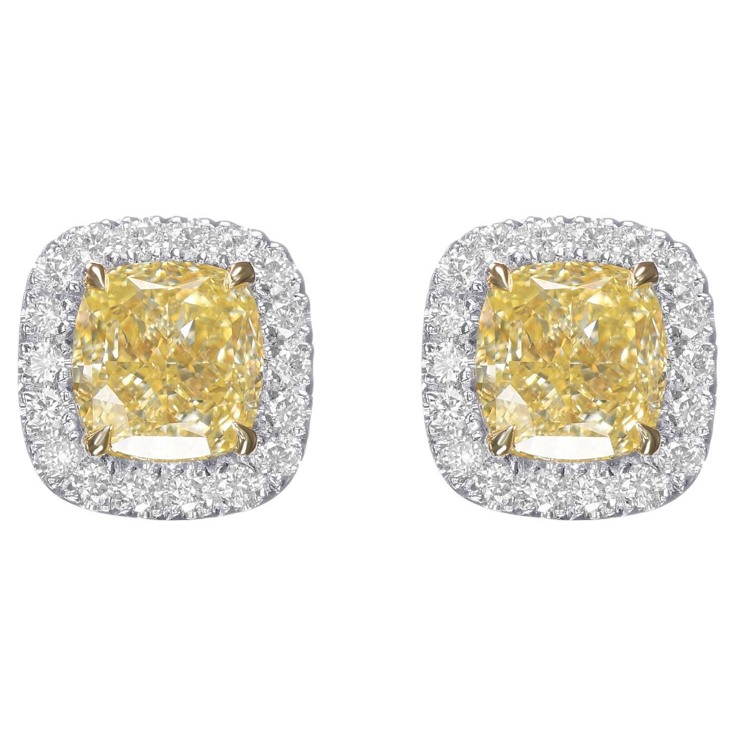 2.54 cts CS's GIA Certified Fancy Light Yellow Cushion Halo Earrings For Sale