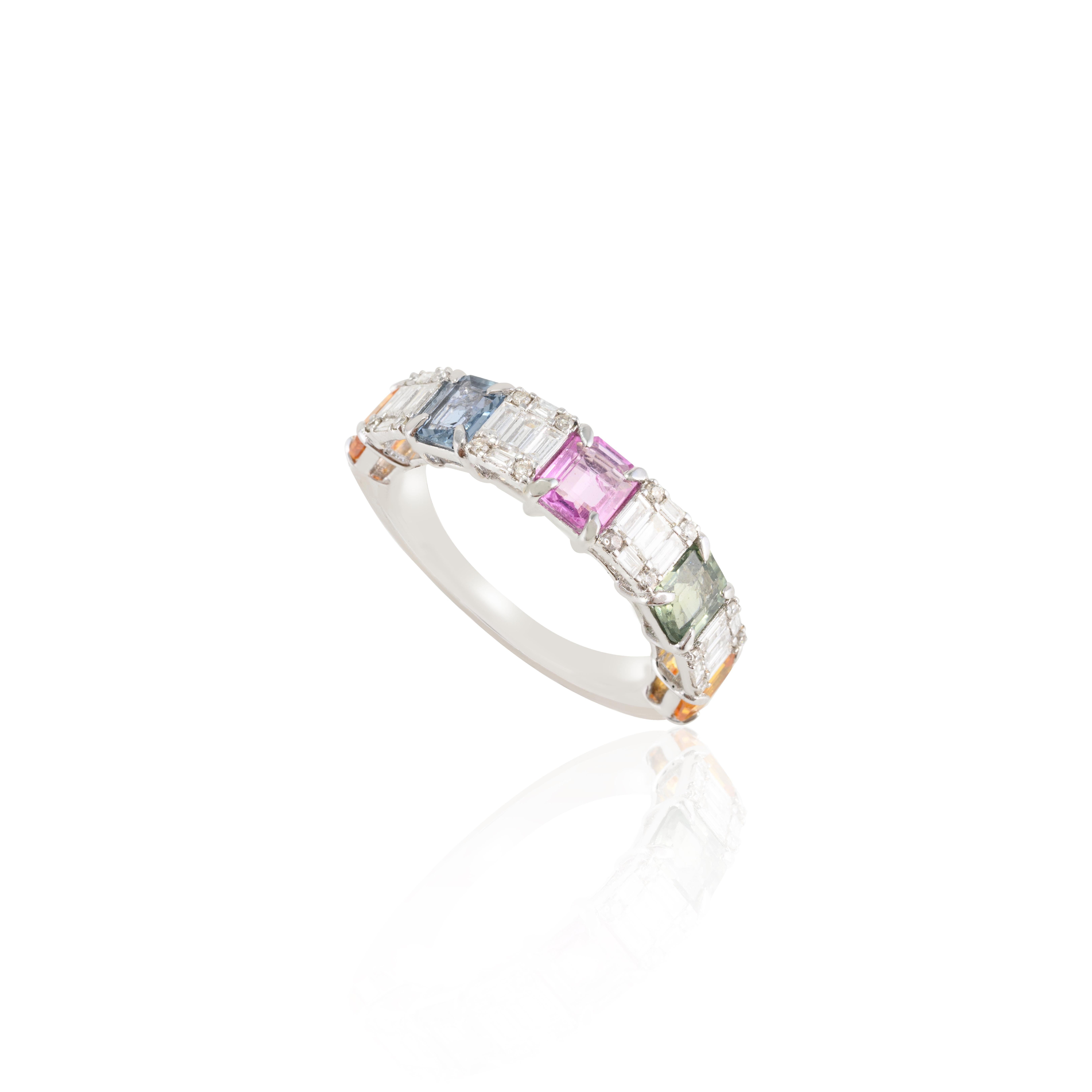 For Sale:  2.54 CTW Genuine Multi Color Sapphires and Diamonds Band Ring 18k White Gold 3