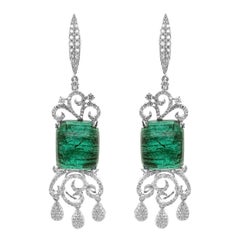 Pendants d'oreilles en forme de pain de sucre avec diamants 1,78 carat et émeraude vert vif de 25,45 carats