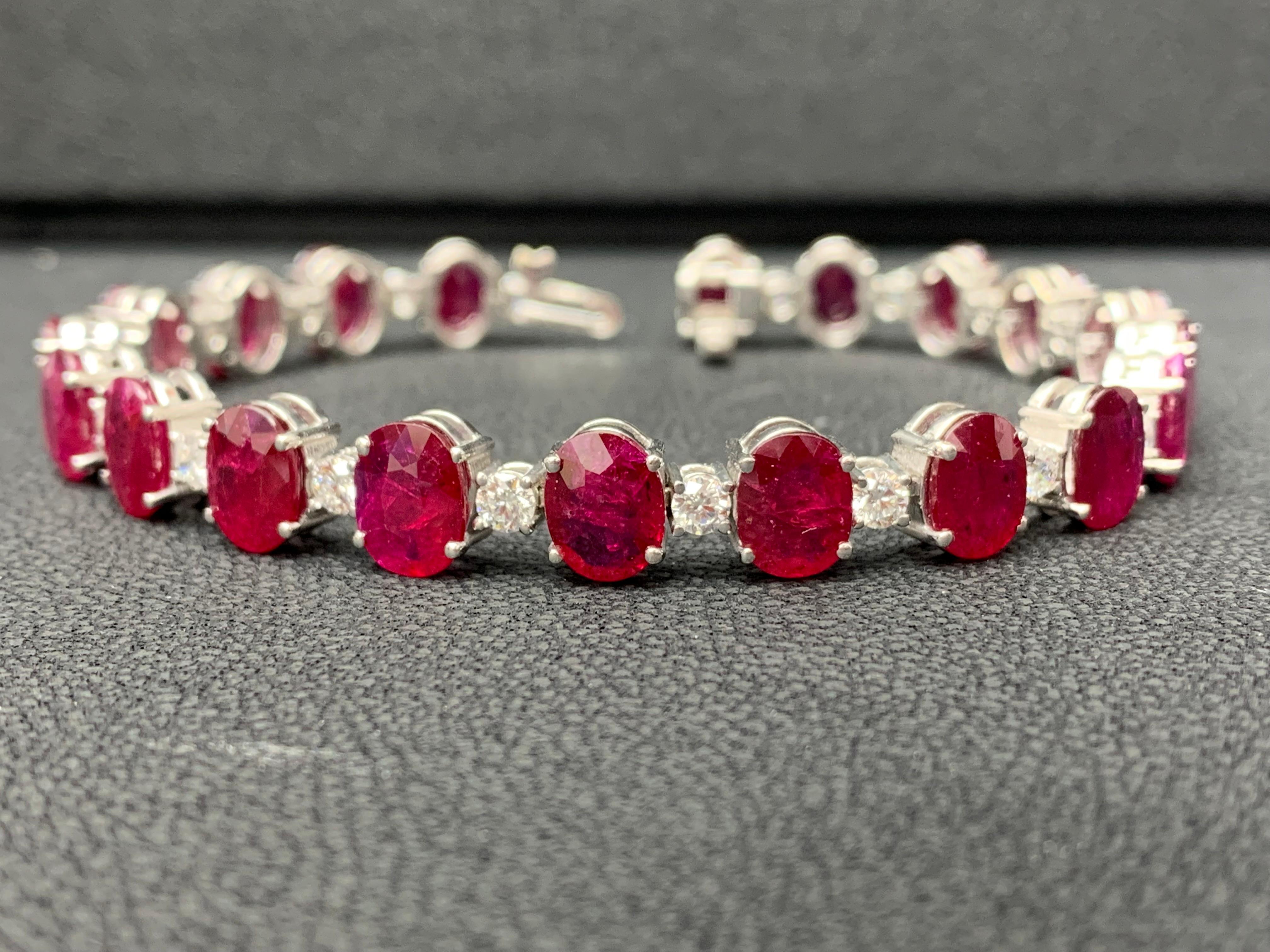 25.46 Carat Oval Cut Ruby and Diamond Tennis Bracelet in 14K White Gold For Sale 2