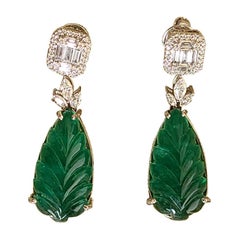 25.47 Carat Natural Carved Emerald and Diamond Earrings Set in 18 Karat Gold