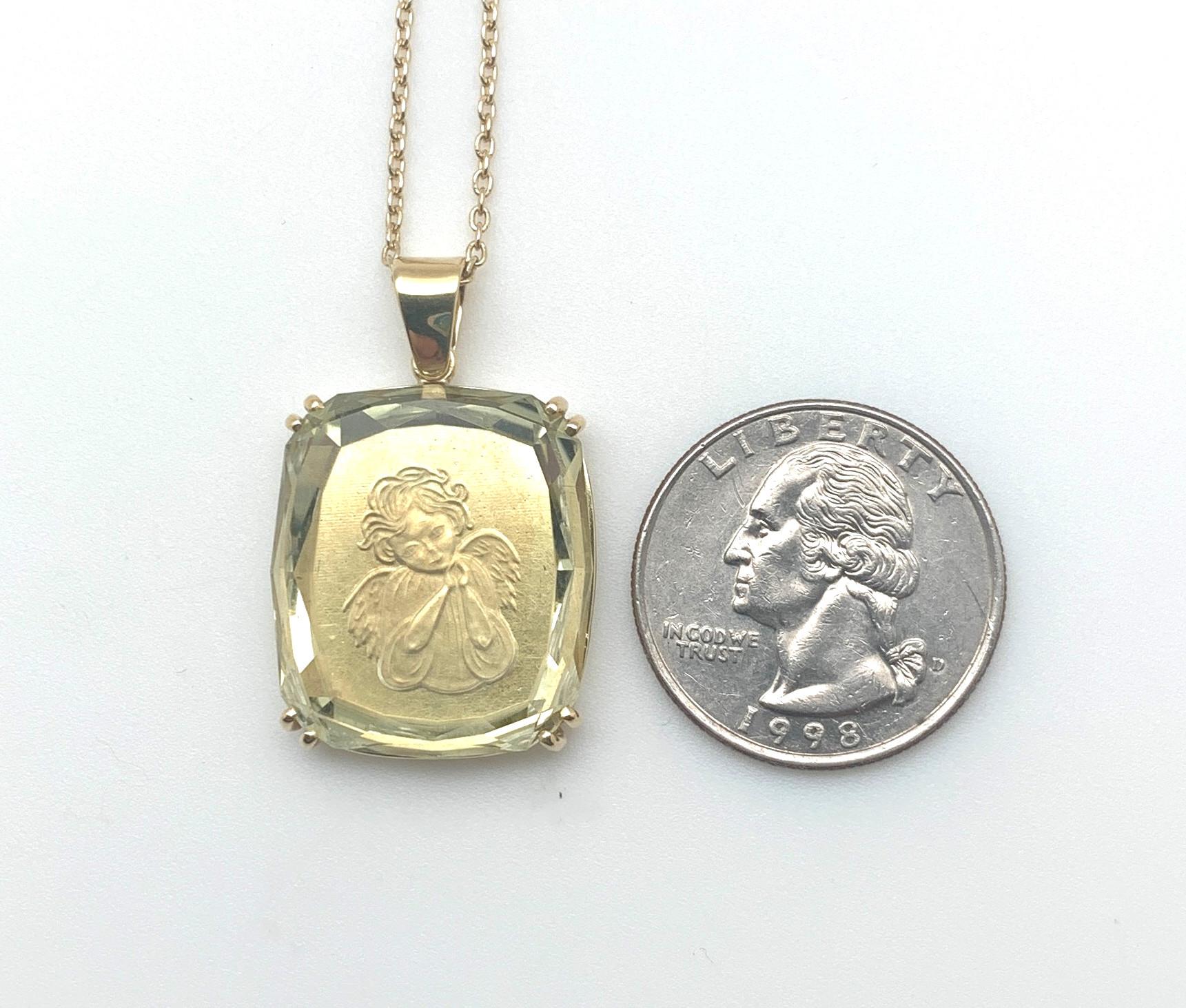 Guardian Angel Intaglio Pendant, 25.49 Carat Carved Golden Beryl in Yellow Gold In New Condition For Sale In Los Angeles, CA