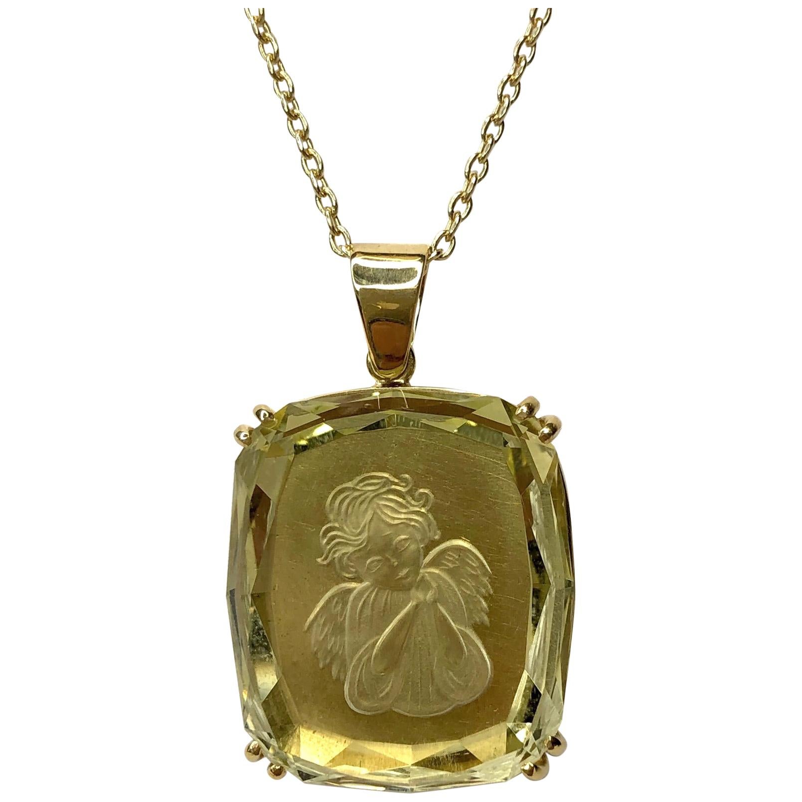 Guardian Angel Intaglio Pendant, 25.49 Carat Carved Golden Beryl in Yellow Gold