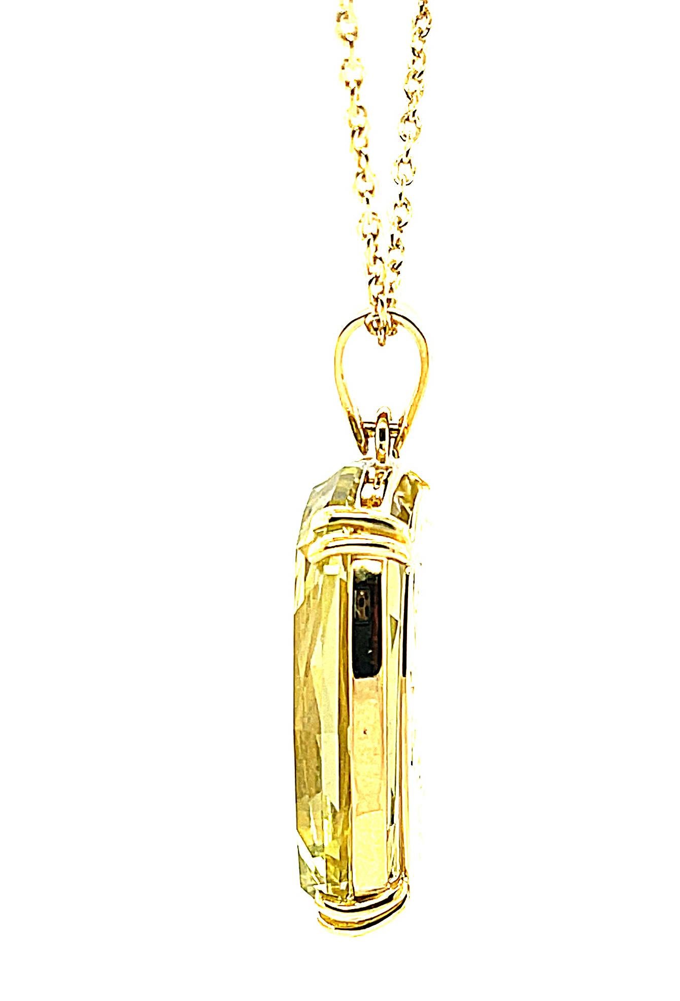 Cushion Cut Guardian Angel Intaglio Pendant, 25.49 Carat Carved Golden Beryl in Yellow Gold For Sale