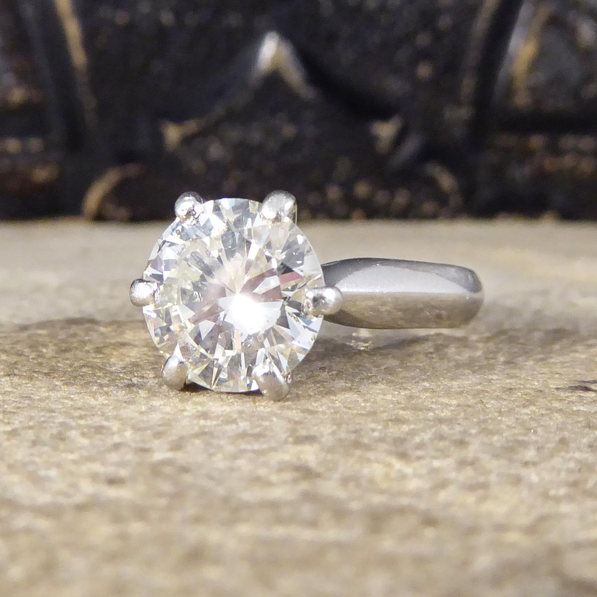 Women's 2.54ct Brilliant Cut Diamond Solitaire Engagement Ring on Plain Platinum Band For Sale