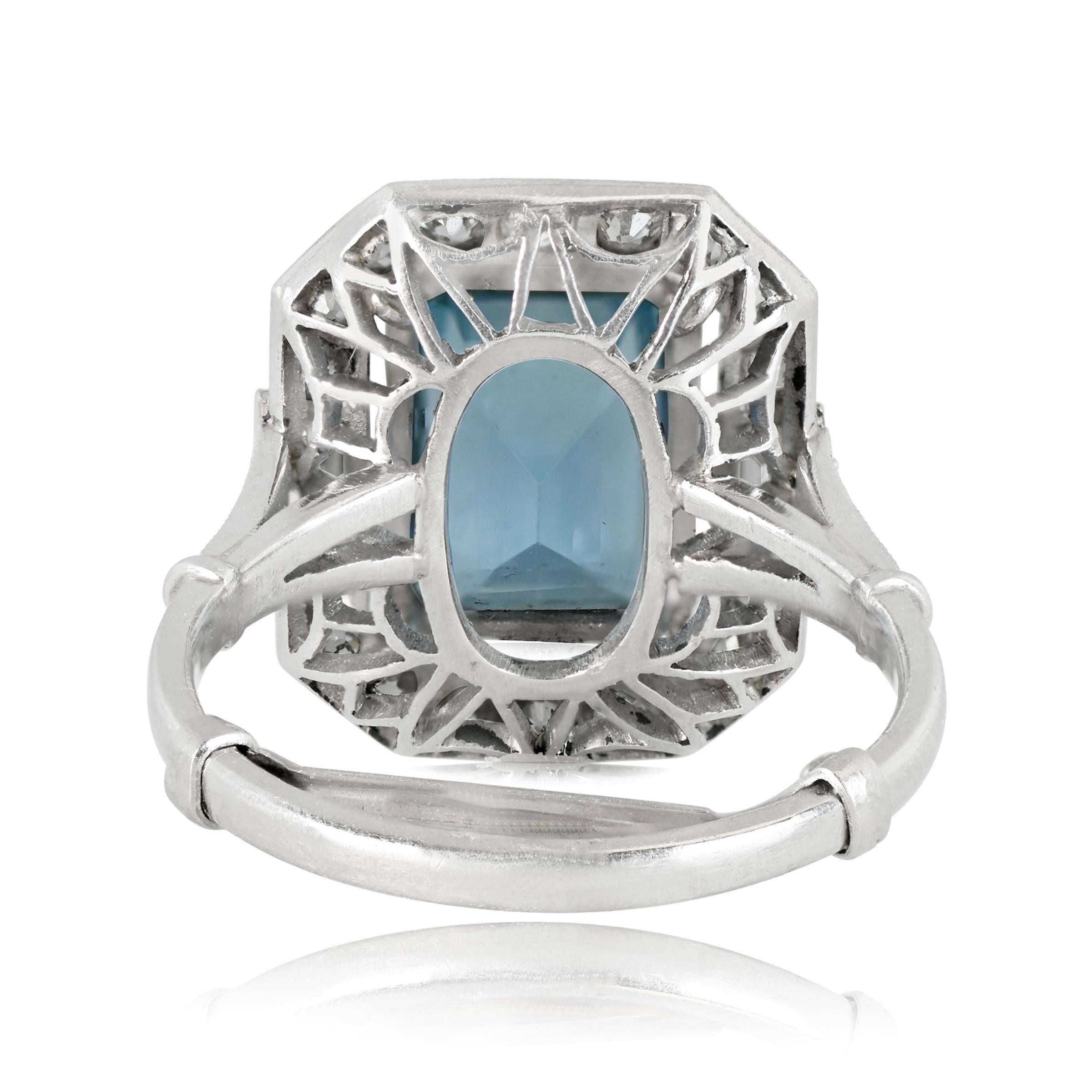 Art Deco 2.54ct Emerald Cut Aquamarine Engagement Ring, Diamond Halo, Platinum  For Sale