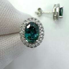 2.54ct Oval Cut Green Blue Teal Sapphire & Diamond Platinum Halo Earring Studs