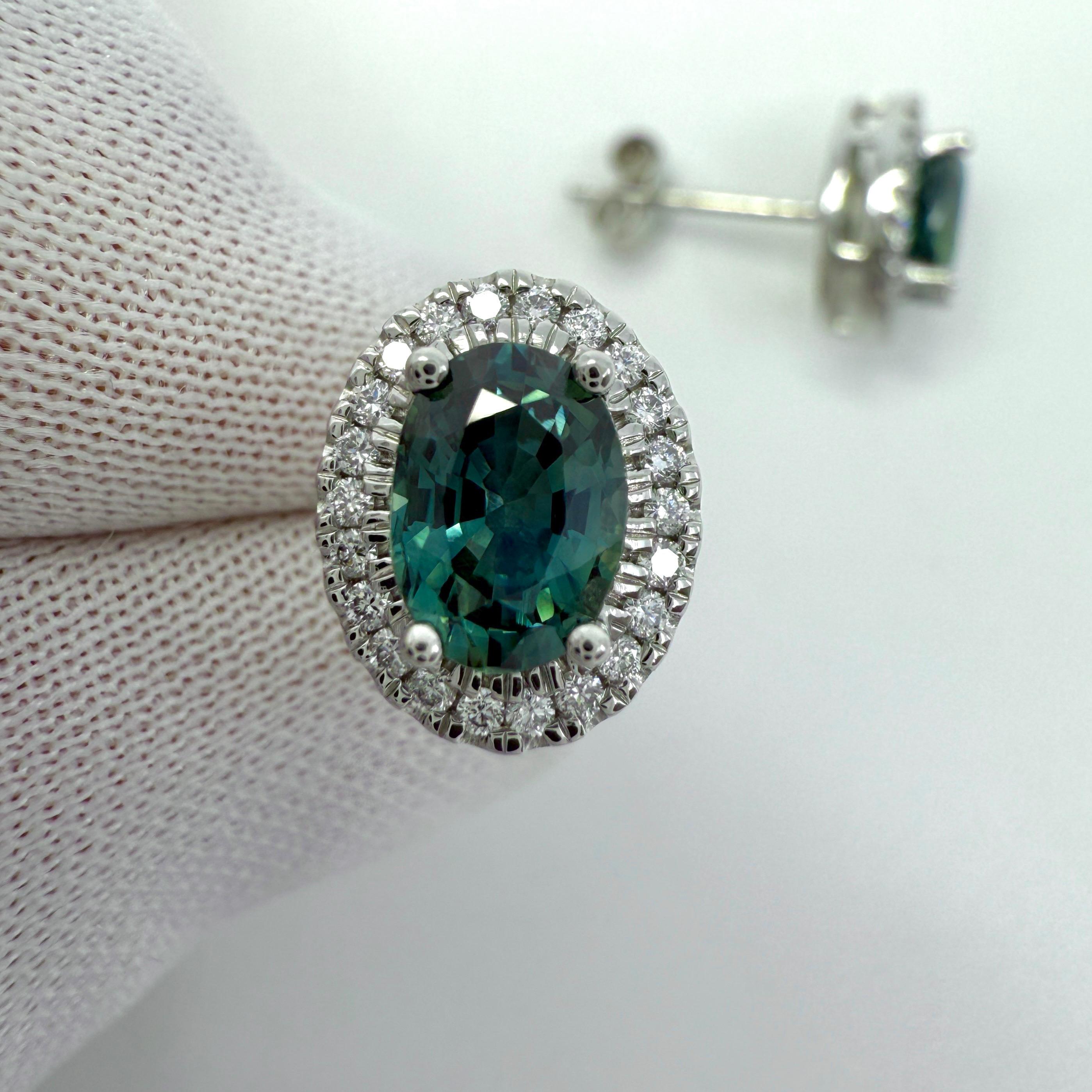 2.54ct Oval Cut Green Blue Teal Sapphire & Diamond Platinum Halo Earring Studs In New Condition For Sale In Birmingham, GB