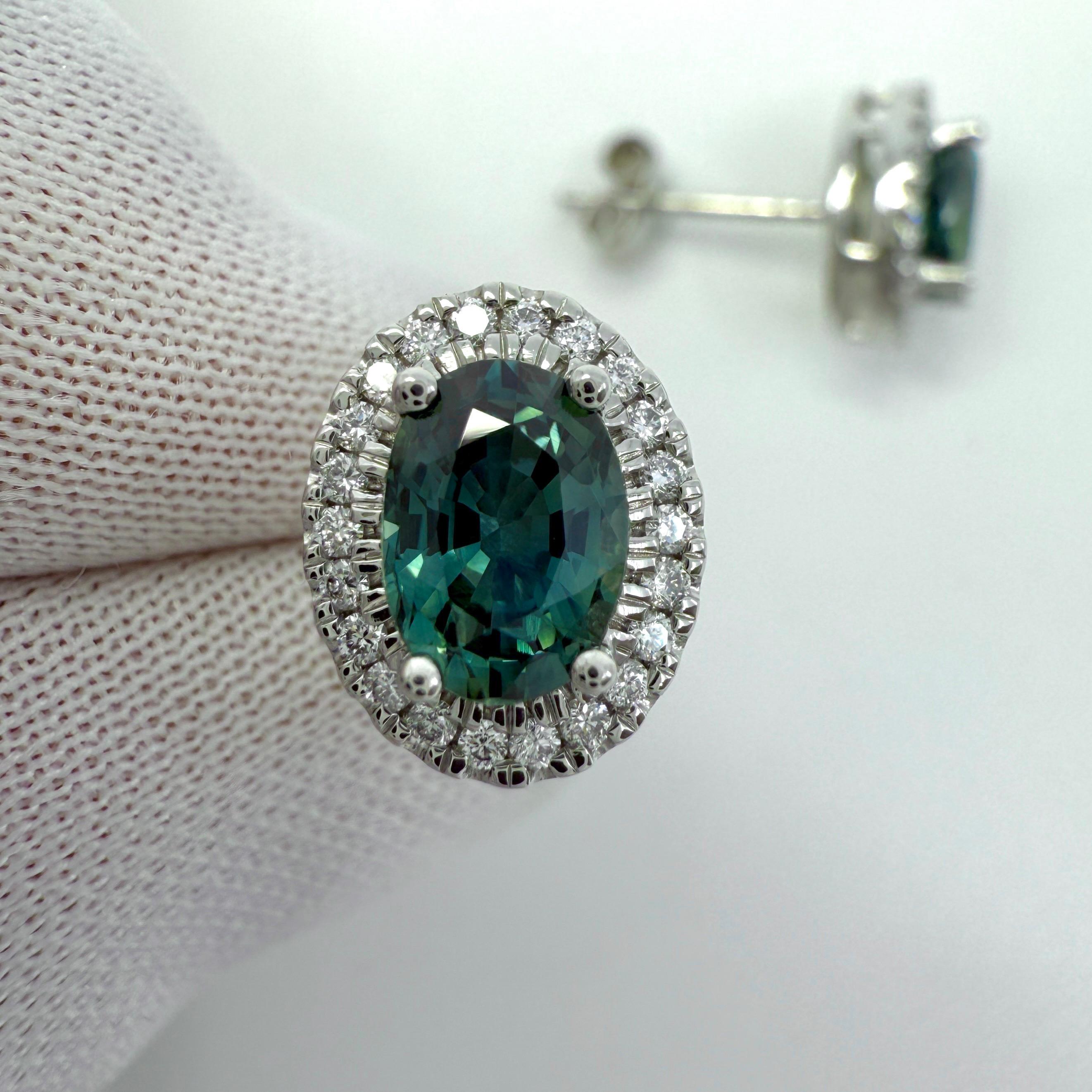Women's or Men's 2.54ct Oval Cut Green Blue Teal Sapphire & Diamond Platinum Halo Earring Studs For Sale