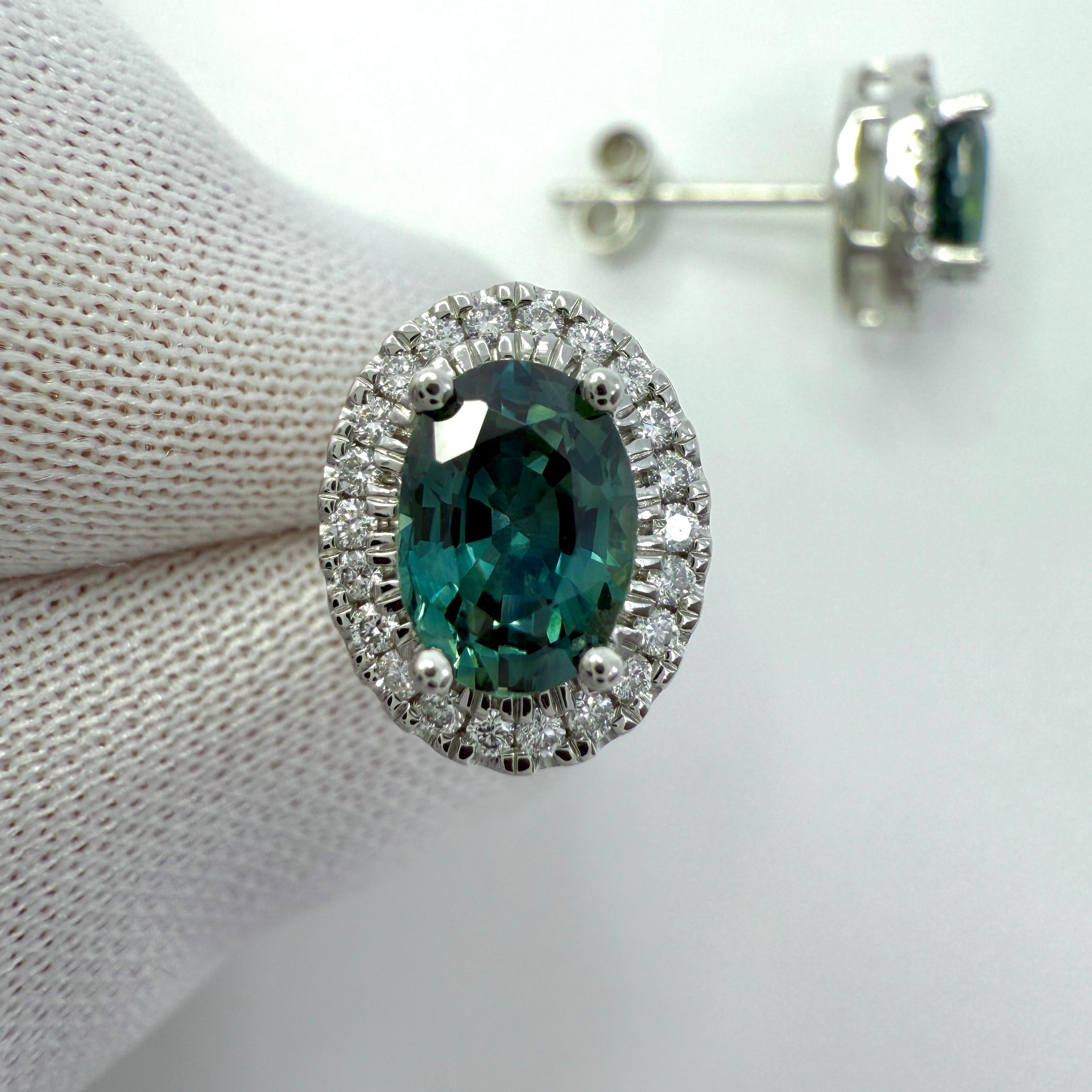 2.54ct Oval Cut Green Blue Teal Sapphire & Diamond Platinum Halo Earring Studs For Sale 1