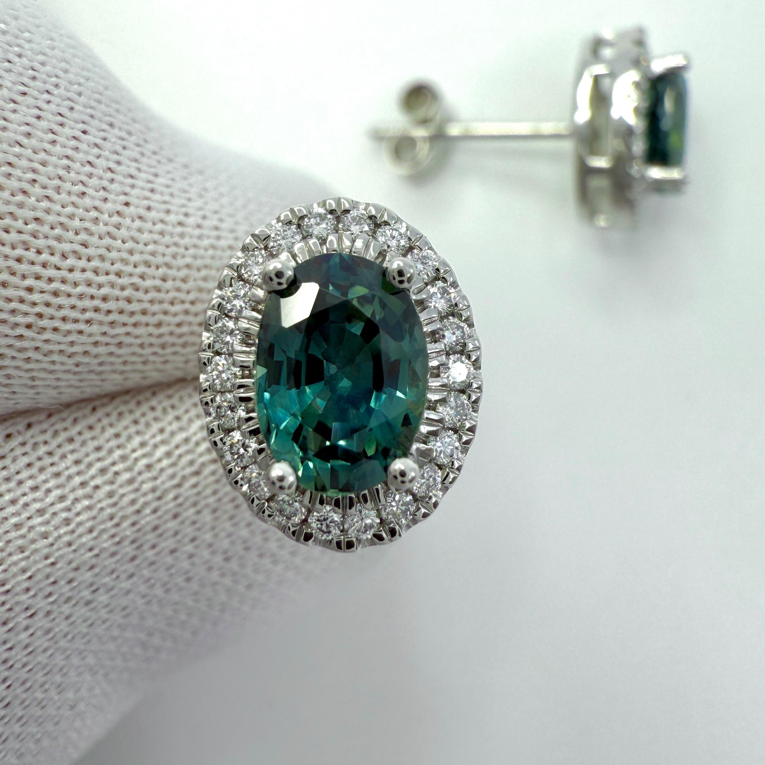2.54ct Oval Cut Green Blue Teal Sapphire & Diamond Platinum Halo Earring Studs For Sale 2