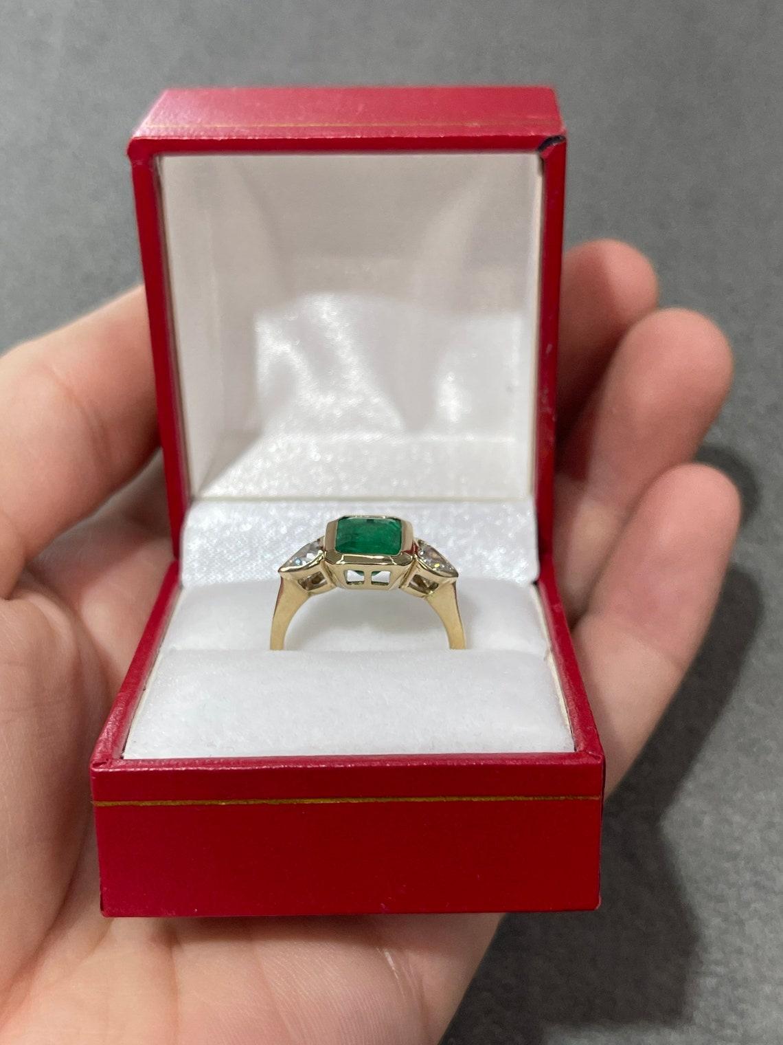 Women's Classic 2.54tcw Bezel Three Stone Emerald-Emerald Cut & Heart Diamond 14K Ring For Sale