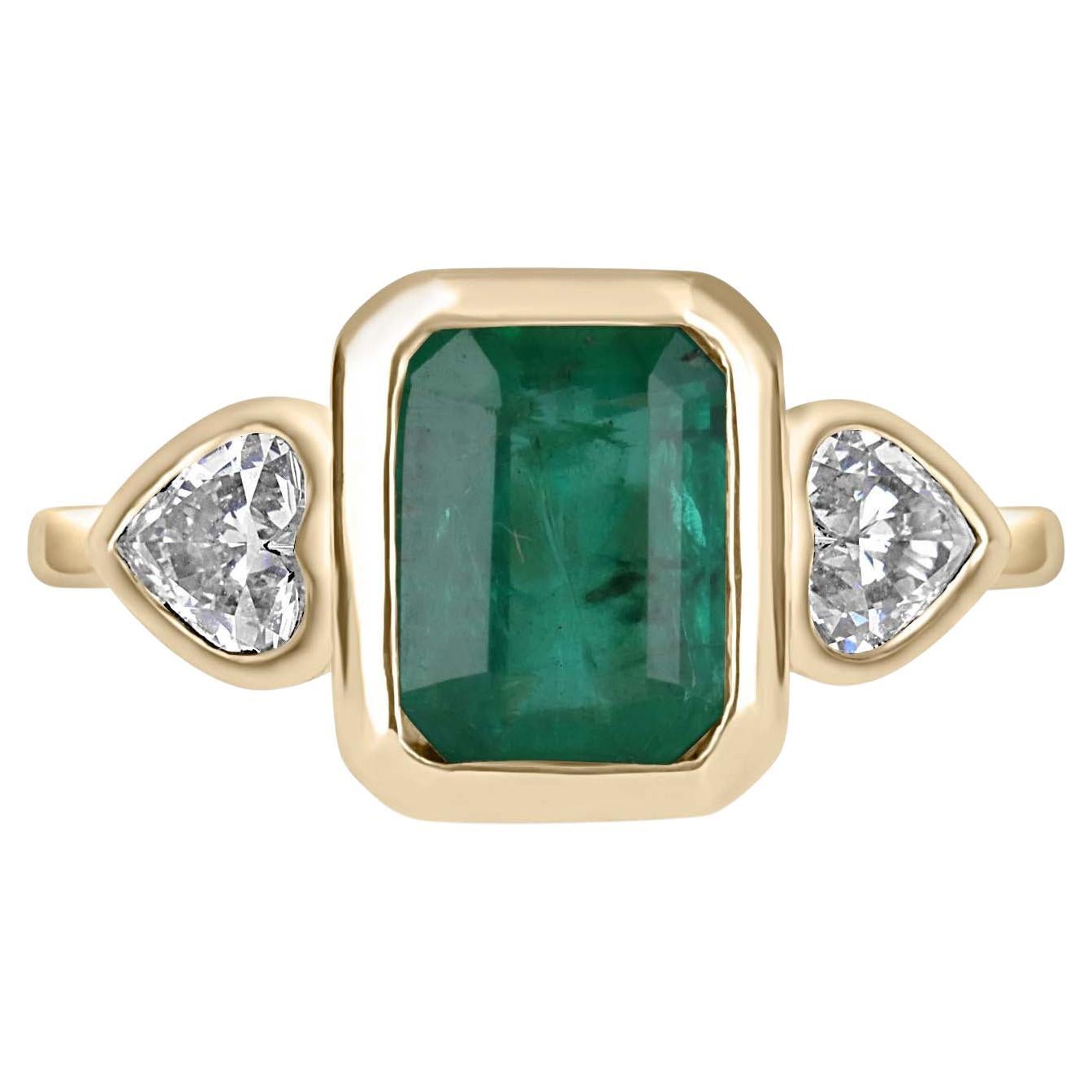 Classic 2.54tcw Bezel Three Stone Emerald-Emerald Cut & Heart Diamond 14K Ring