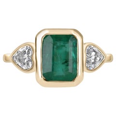 Classic 2.54tcw Bezel Three Stone Emerald-Emerald Cut & Heart Diamond 14K Ring