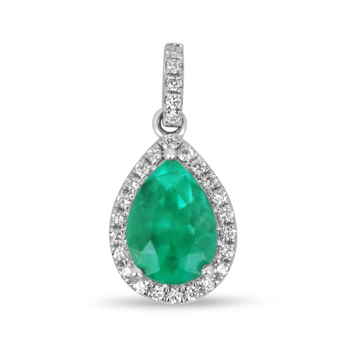 2.54tcw 18K White Gold Vivid Green Emerald & Diamond Halo Pendant Pear Emerald