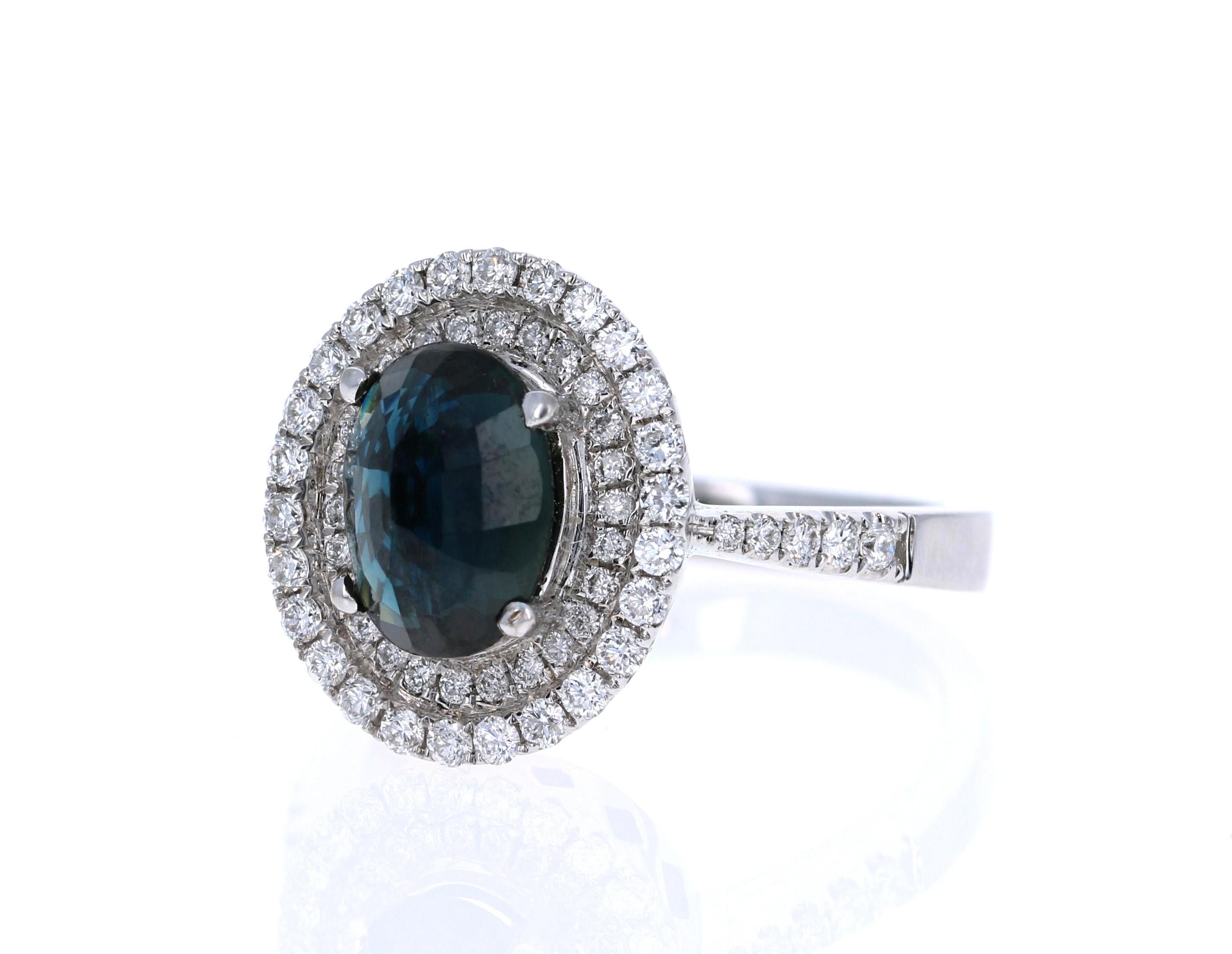 Modern 2.55 Carat Blue Sapphire 14 Karat Halo Diamond White Gold Ring