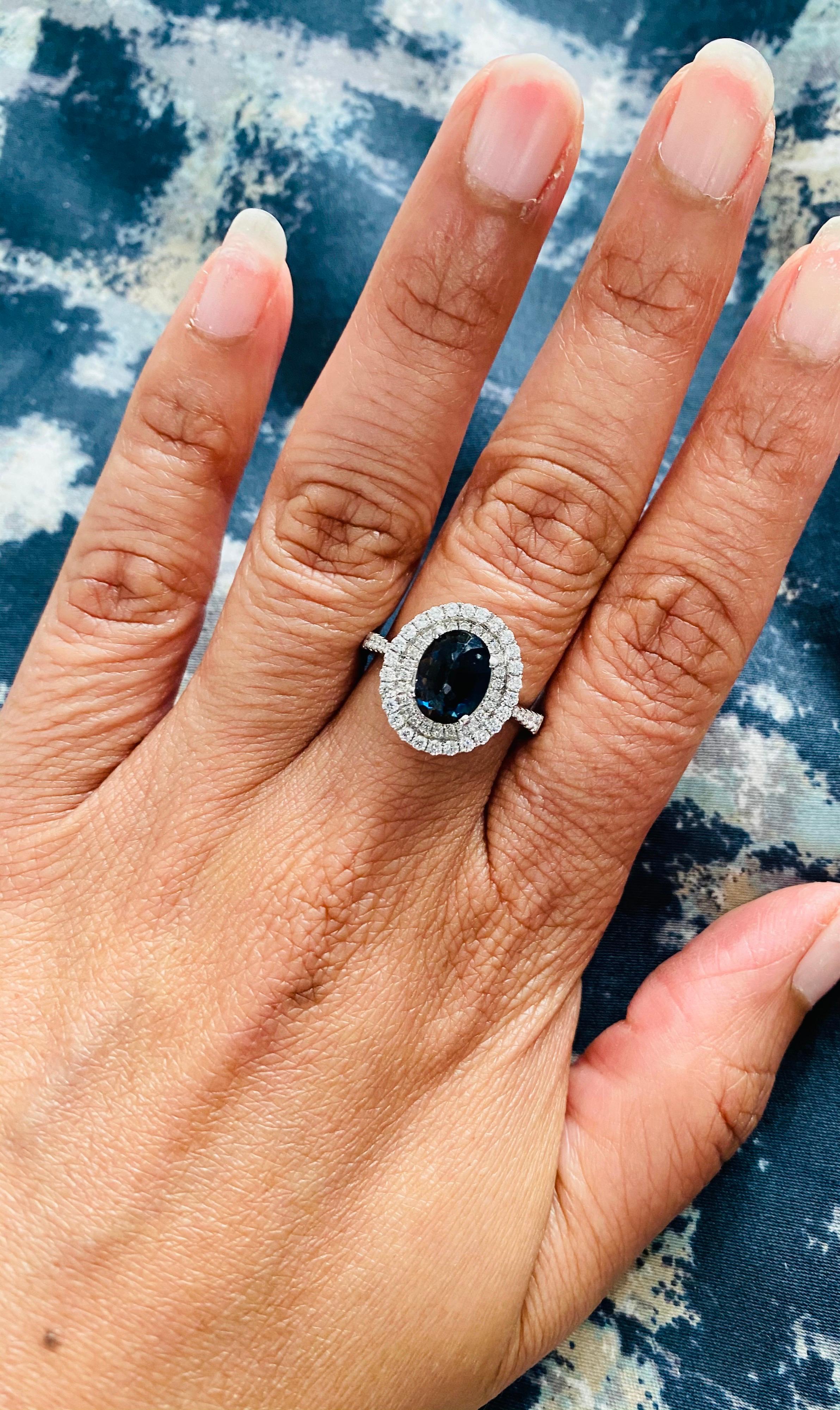 2.55 Carat Blue Sapphire 14 Karat Halo Diamond White Gold Ring For Sale 2