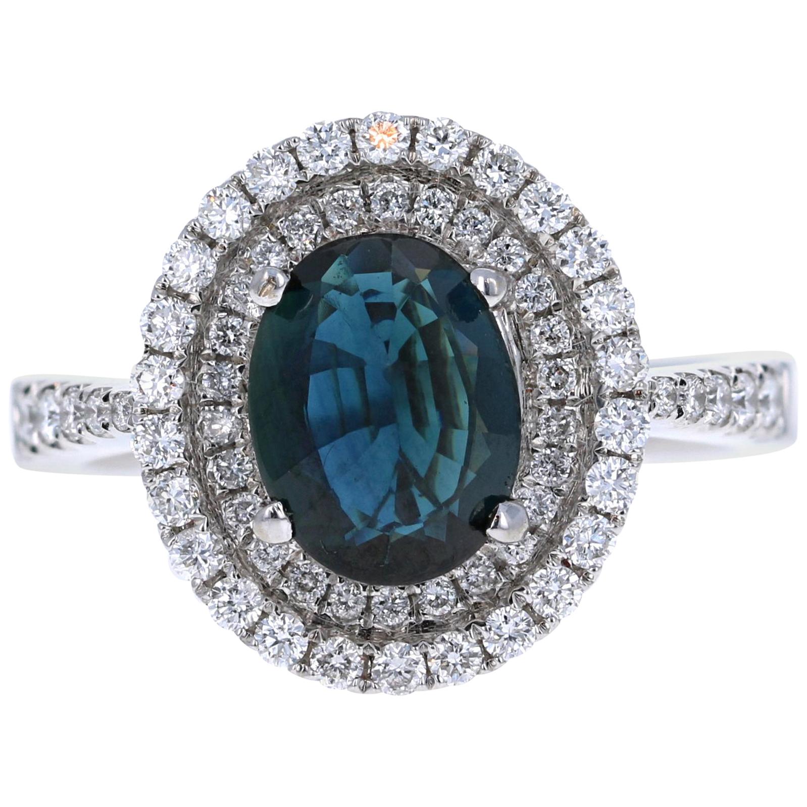 2.55 Carat Blue Sapphire 14 Karat Halo Diamond White Gold Ring For Sale