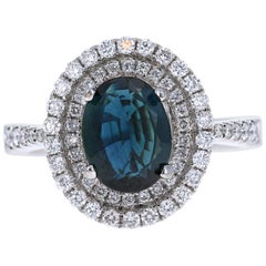 2.55 Carat Blue Sapphire 14 Karat Halo Diamond White Gold Ring
