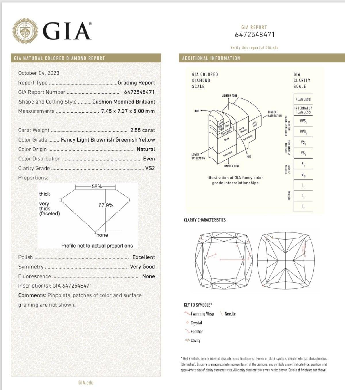 2.55 Carat Fancy Light Brownish Greenish Yellow Cushion diamond GIA Certified For Sale 2