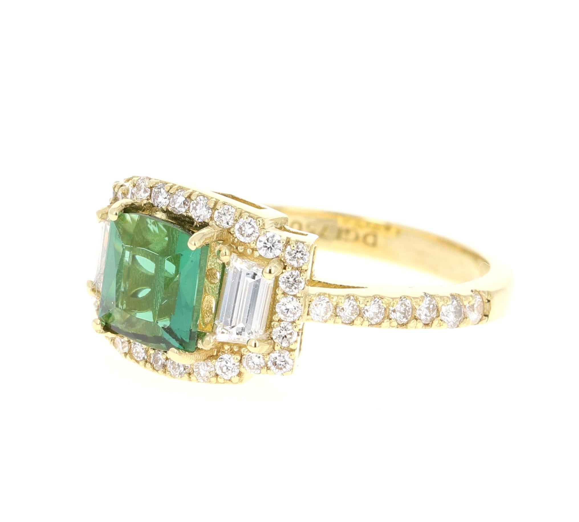 Modern 2.55 Carat Green Tourmaline Diamond 18 Karat Yellow Gold Three-Stone Ring
