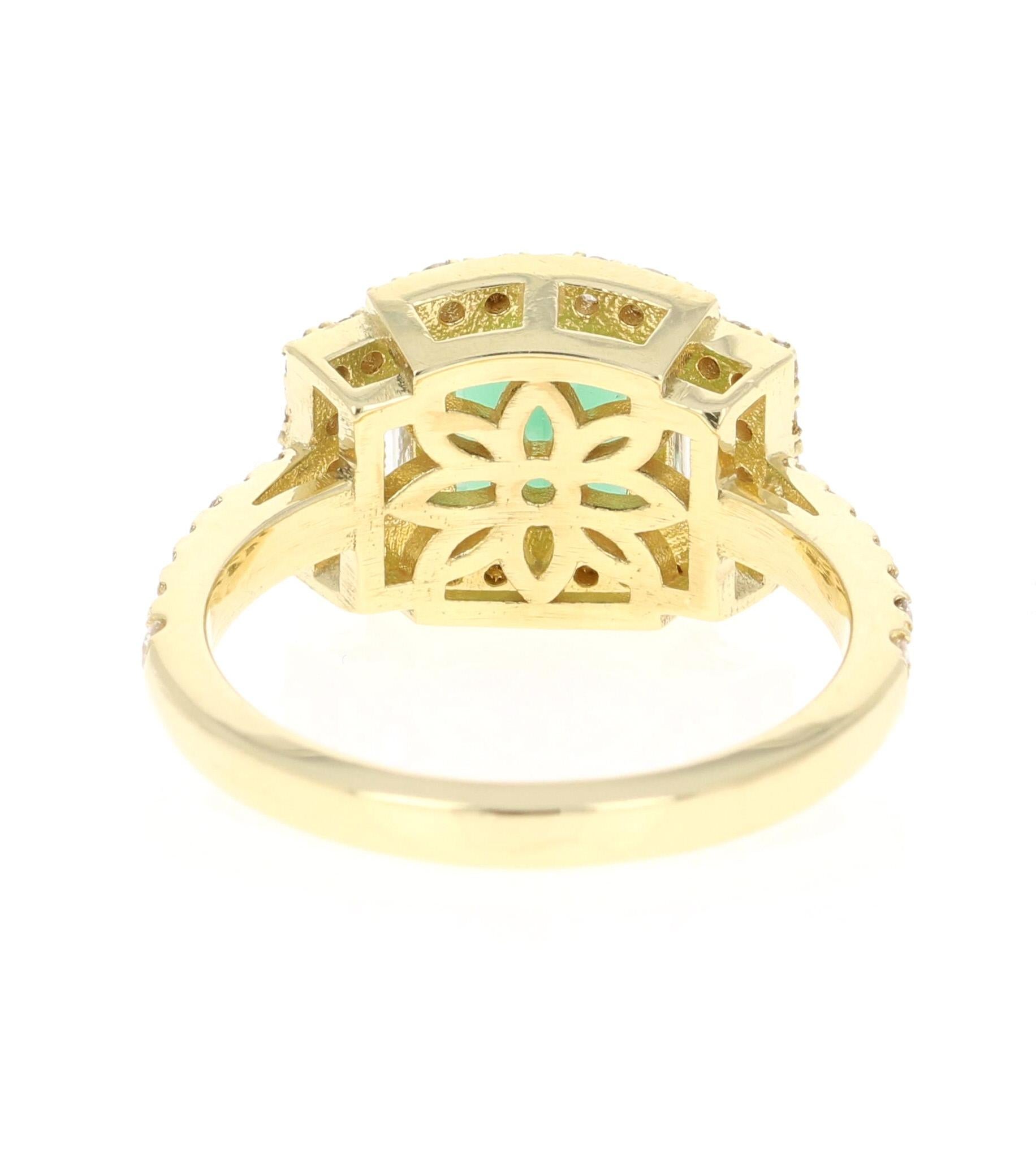 Emerald Cut 2.55 Carat Green Tourmaline Diamond 18 Karat Yellow Gold Three-Stone Ring
