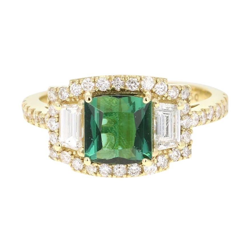 2.55 Carat Green Tourmaline Diamond 18 Karat Yellow Gold Three-Stone Ring