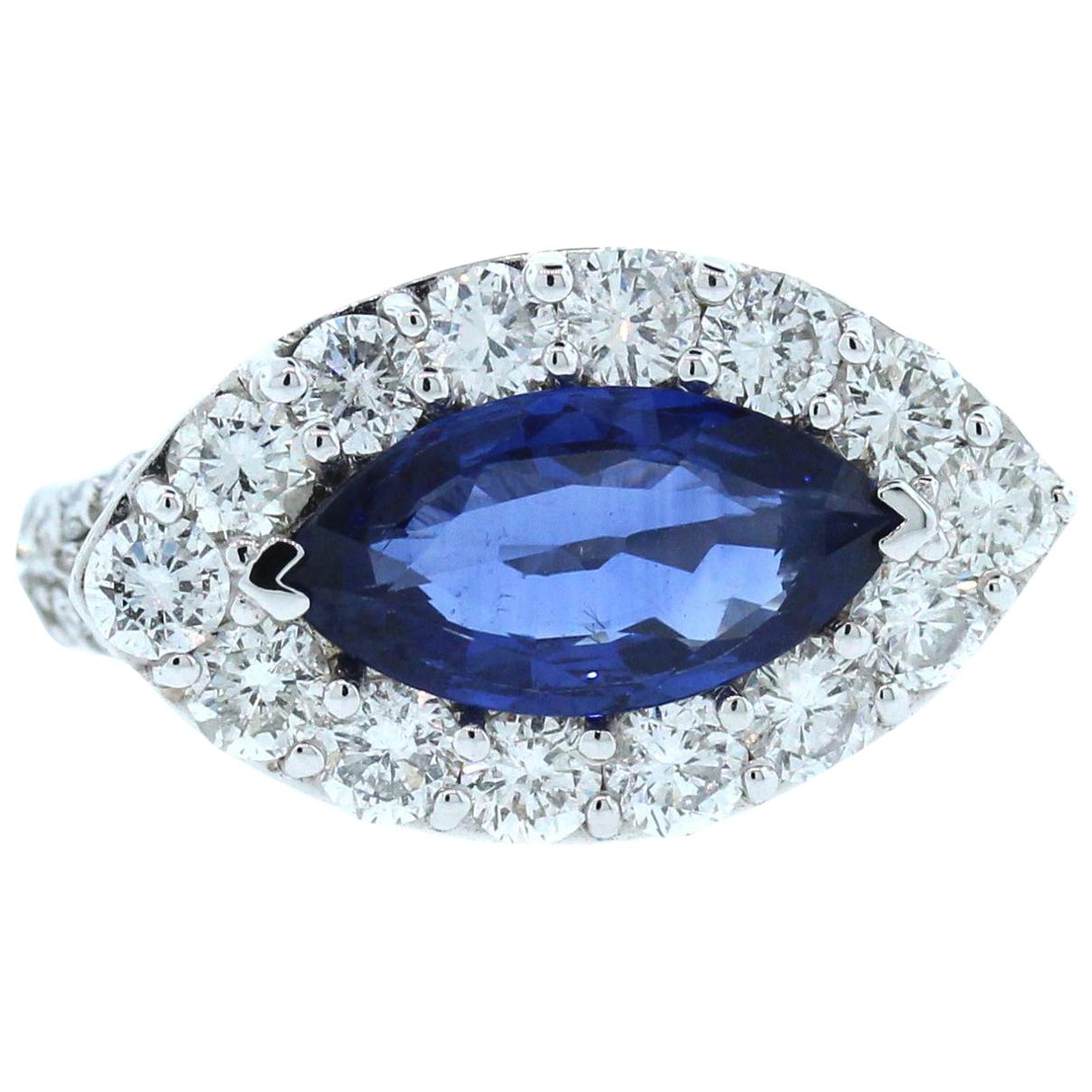 2.55 Carat Marquise Cut Blue Sapphire Diamond 18 Karat White Gold Cocktail Ring For Sale