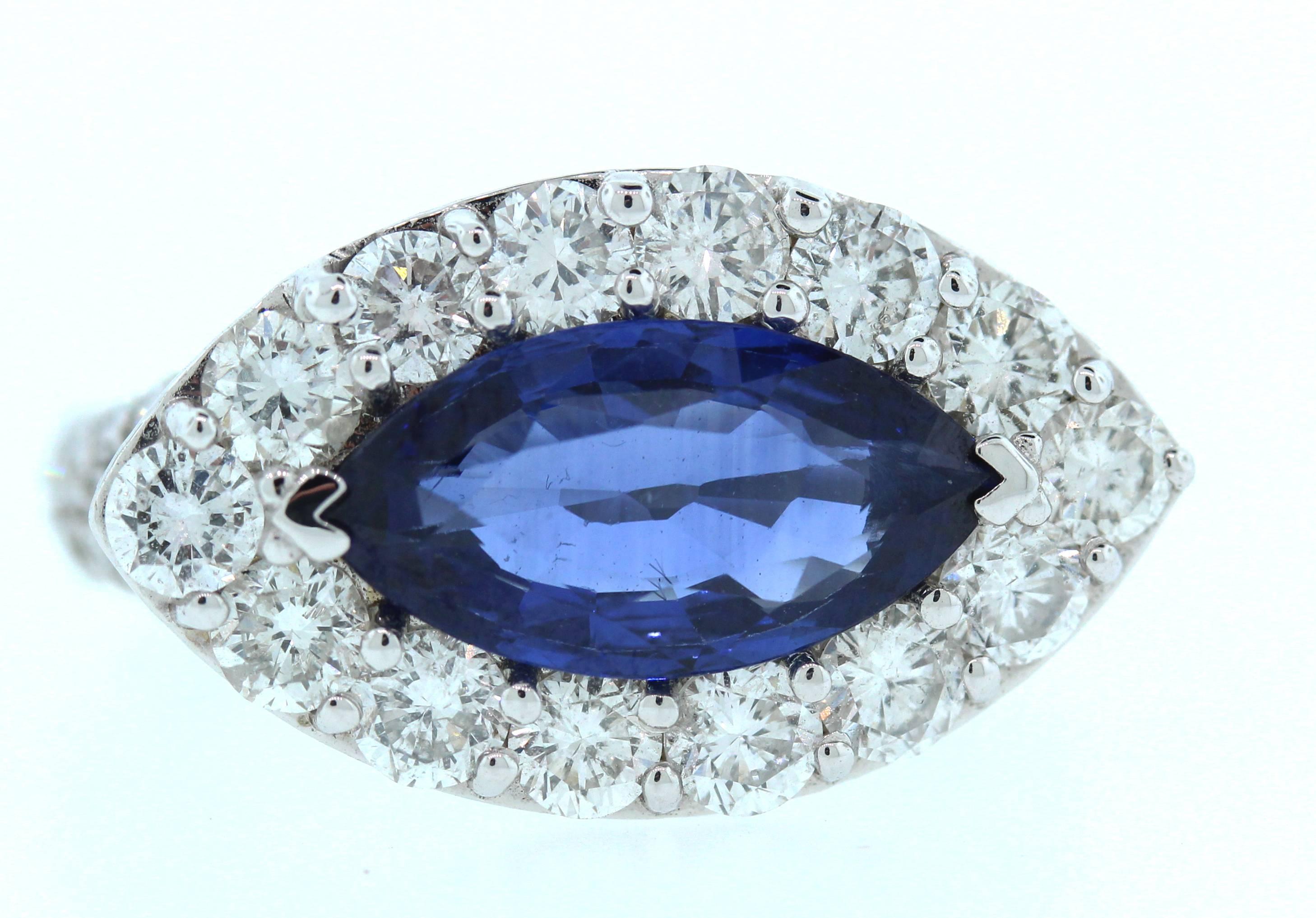 2.55 Carat Marquise Cut Blue Sapphire Diamond 18 Karat White Gold Cocktail Ring In Excellent Condition For Sale In Boca Raton, FL