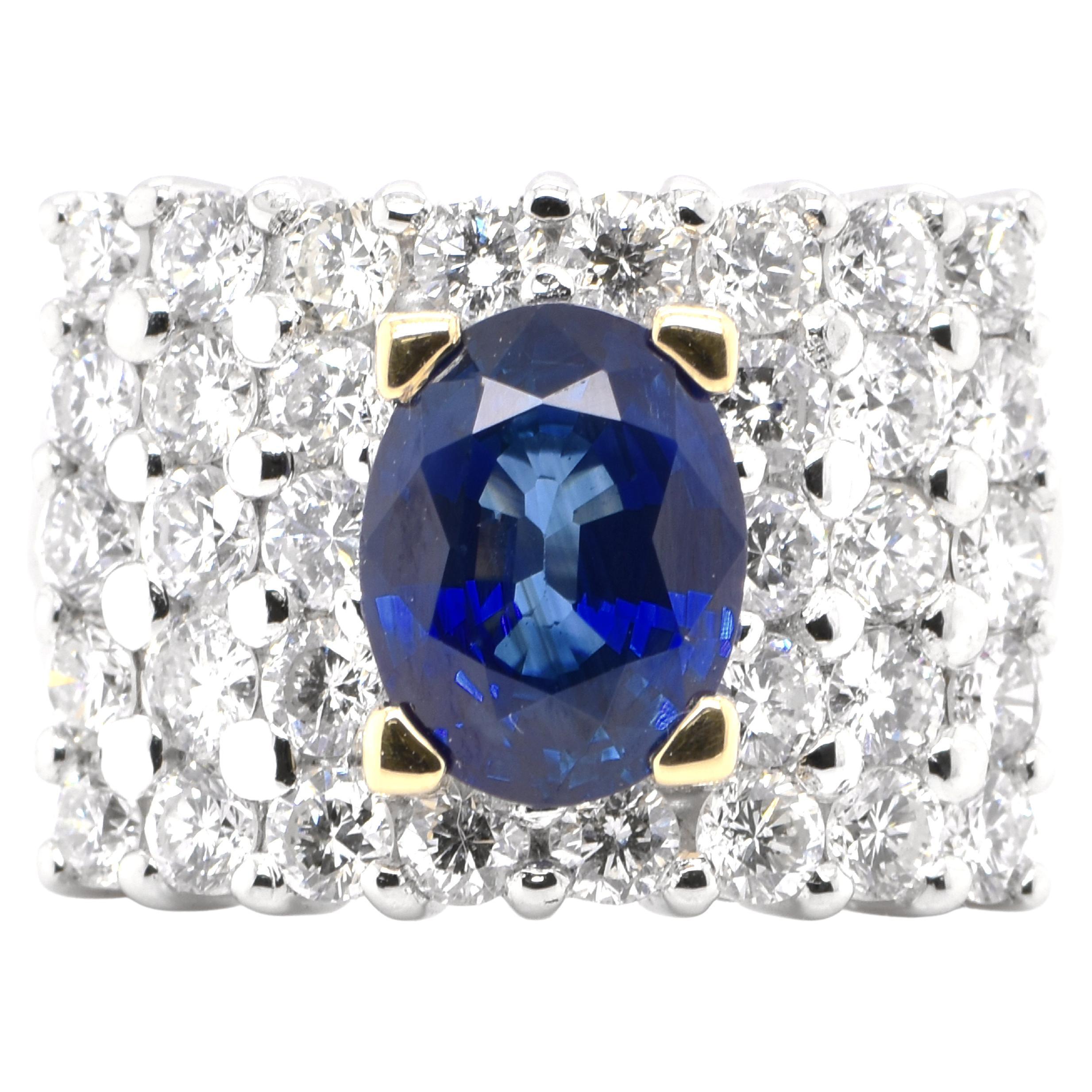 2.55 Carat Natural Blue Sapphire and Diamond Ring Set in Platinum and 18K Gold